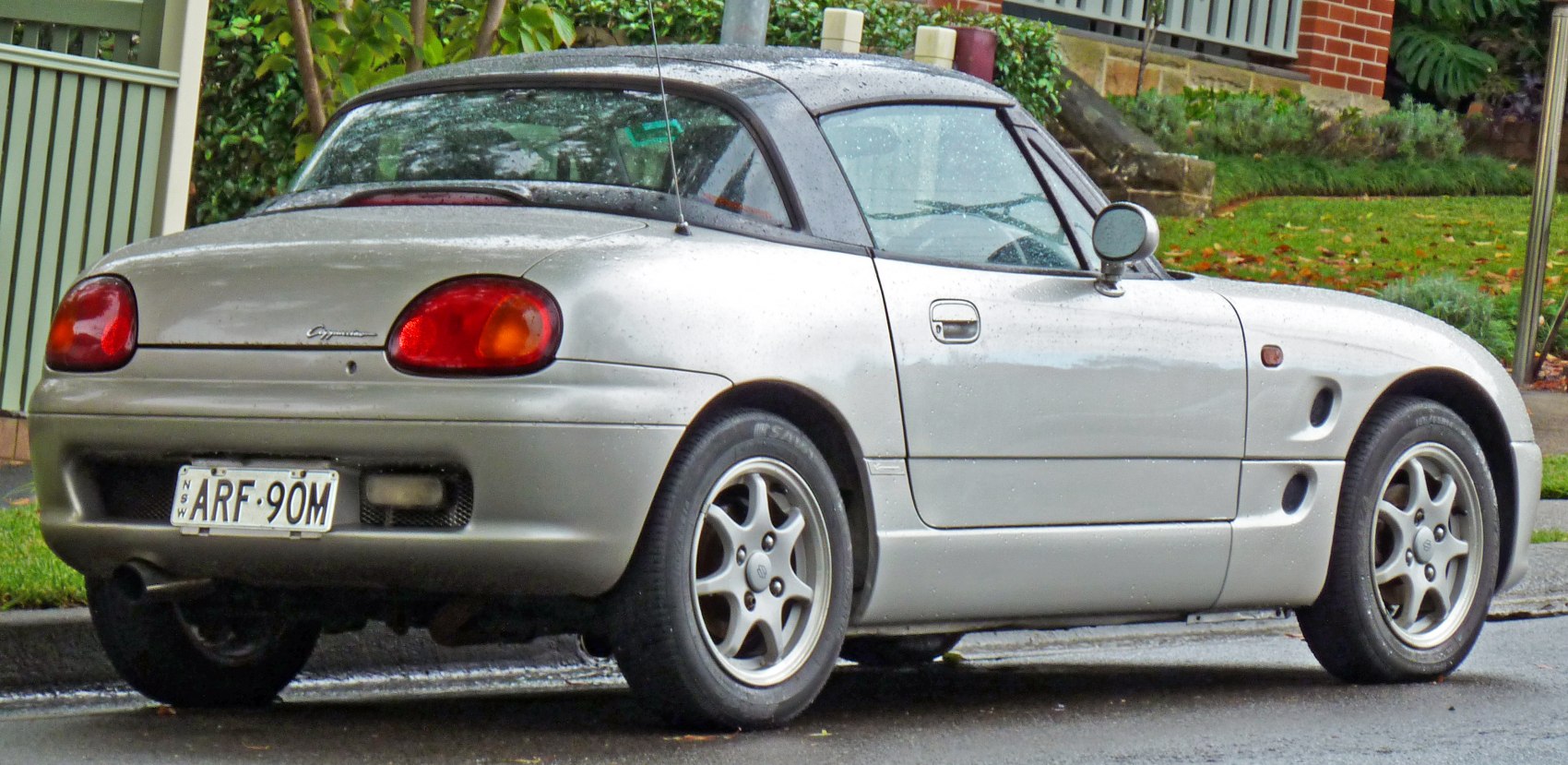 Rear and side view of compact two-door sports coupe