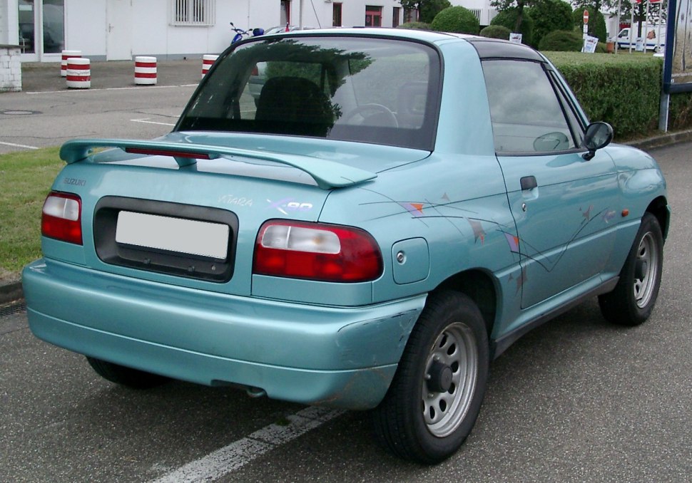 Rear view with spoiler, rounded taillights, and side decals