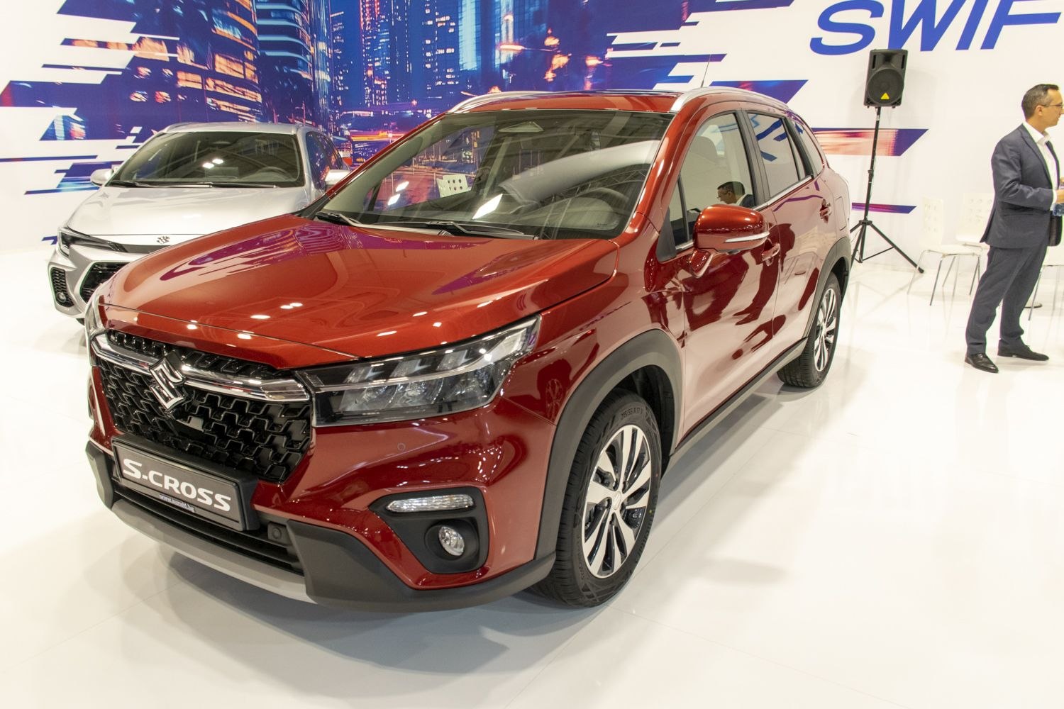 Front view of crossover with LED headlights and alloy wheels