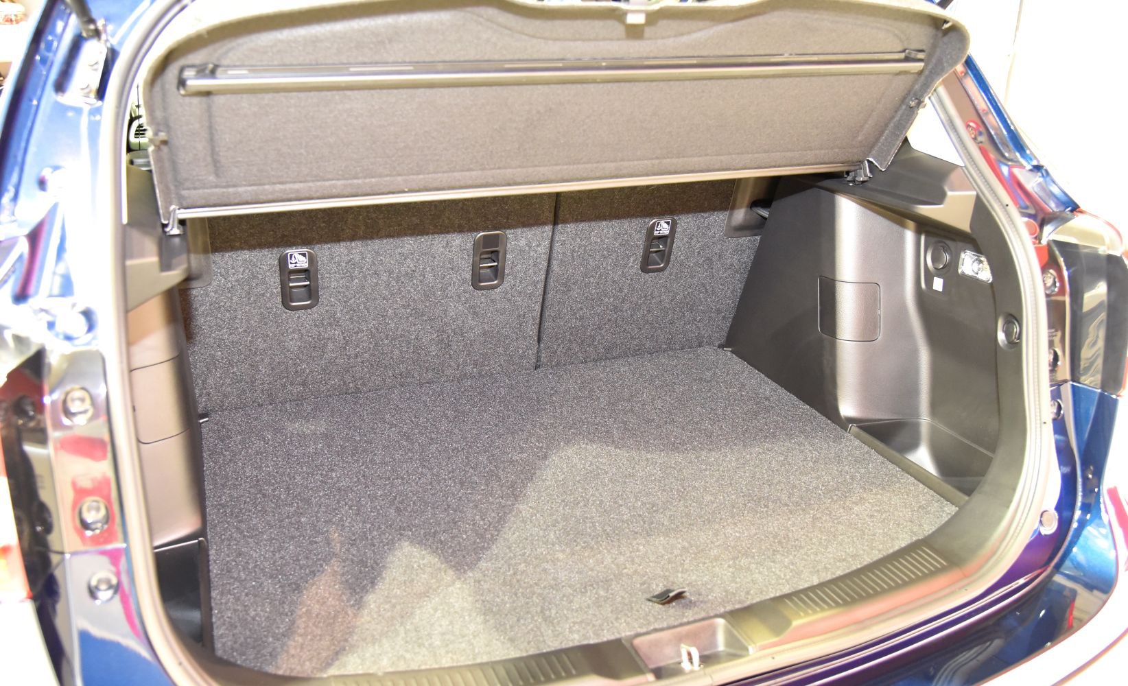 Roomy trunk interior with gray carpet lining and foldable rear seats