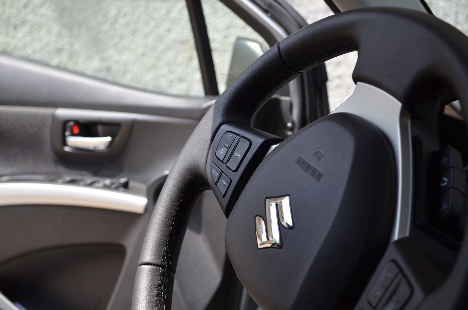 Steering wheel with control buttons and door interior panel
