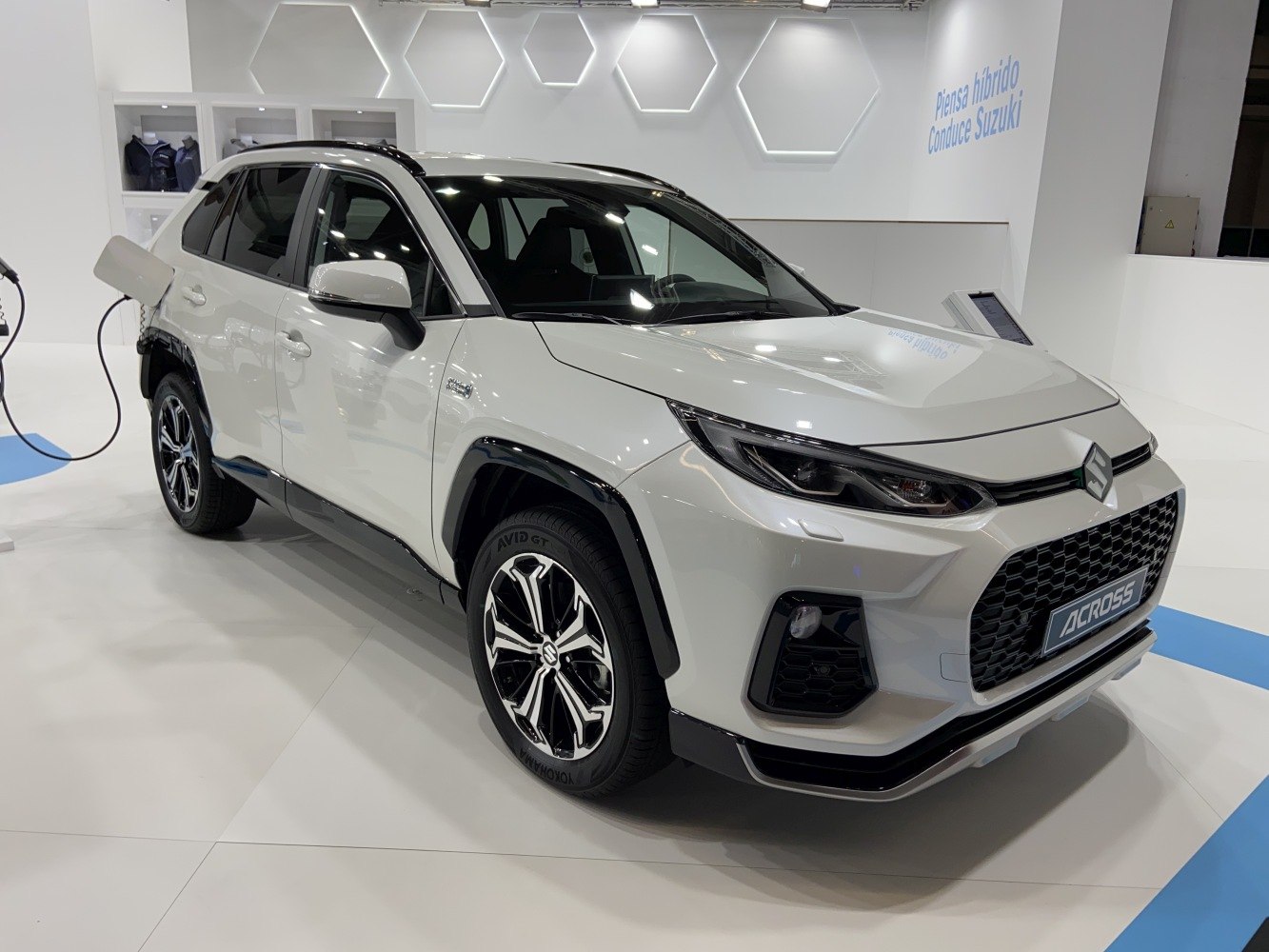 Front grille and rear charging port of a white hybrid SUV
