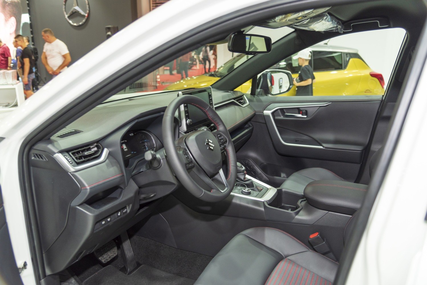 Modern car interior with dashboard and steering wheel