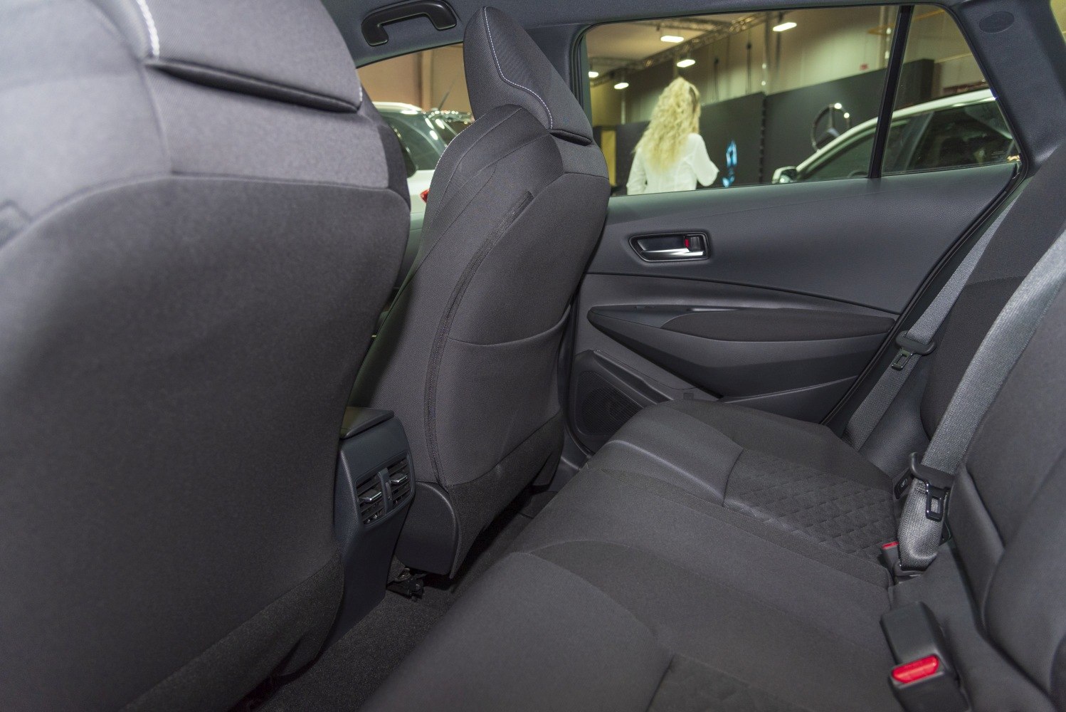 Rear seat and door panel interior with upholstery and seatbelt