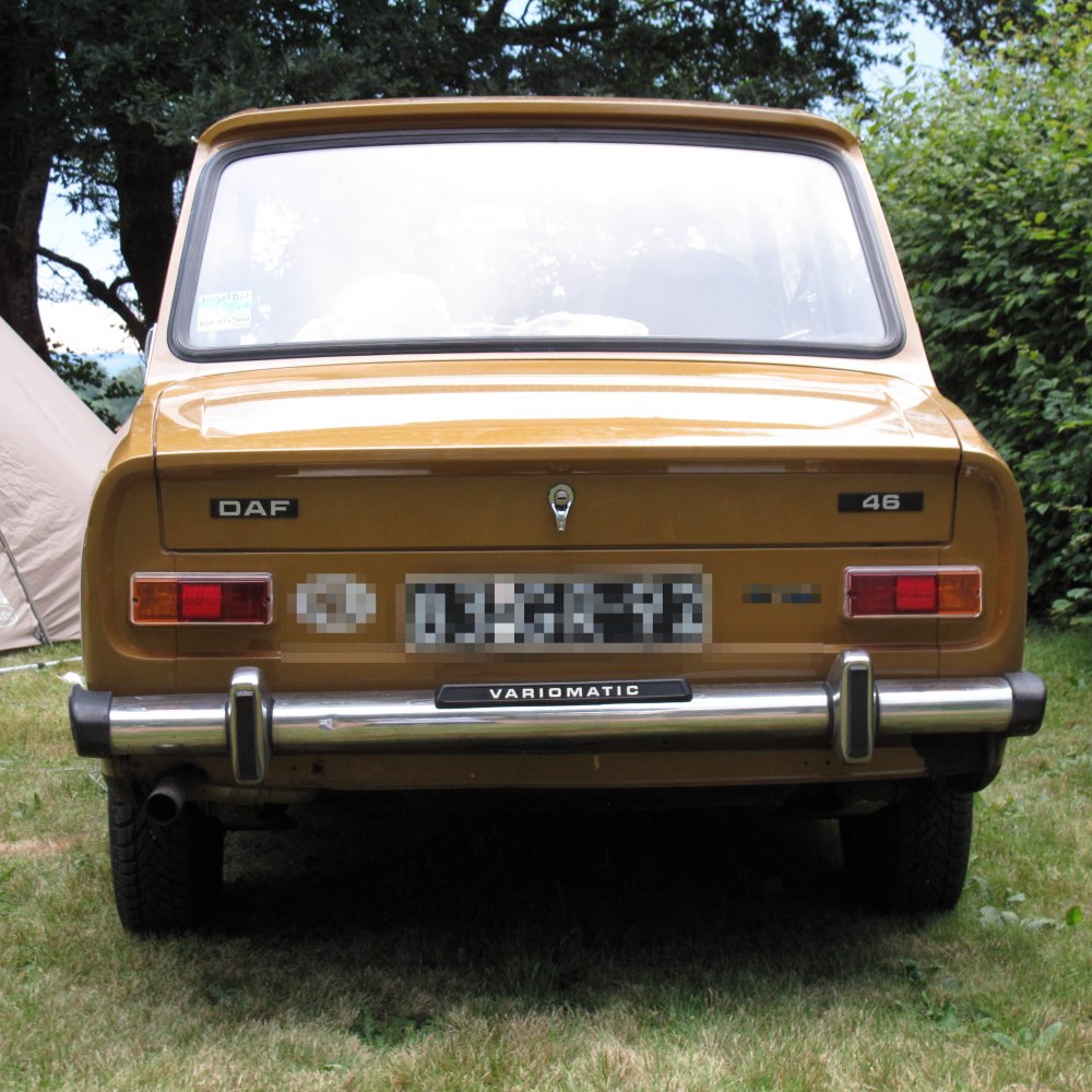 Rear view of classic compact car with Variomatic badge and distinctive taillights