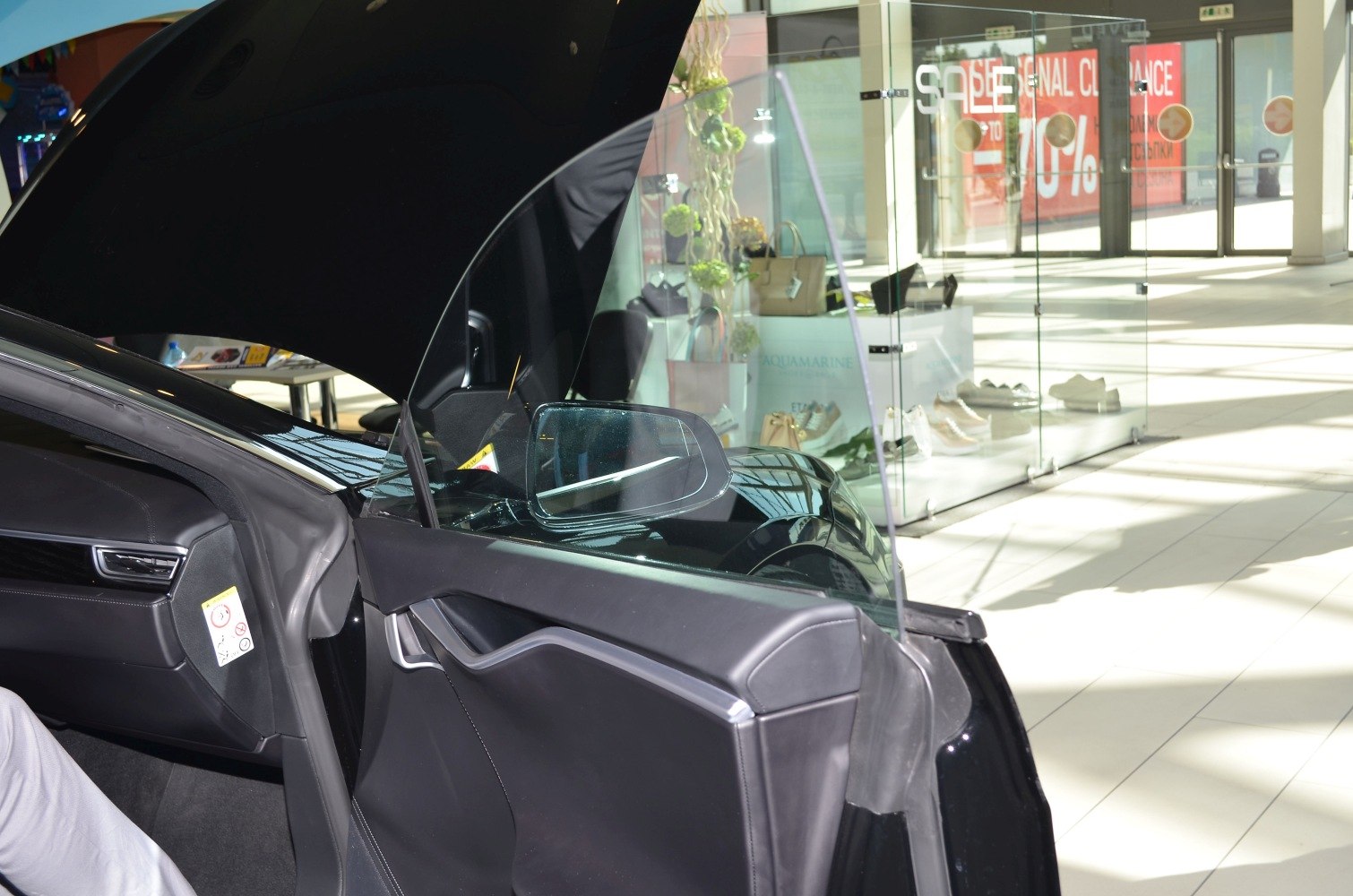 Car door interior and side mirror close-up