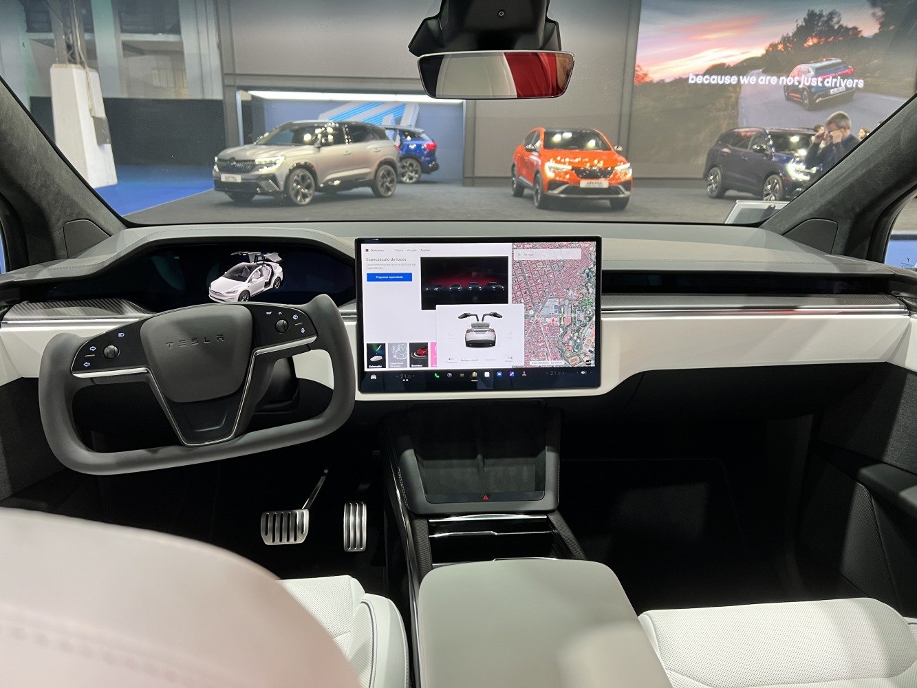 Tesla Model X yoke steering wheel and touchscreen interior
