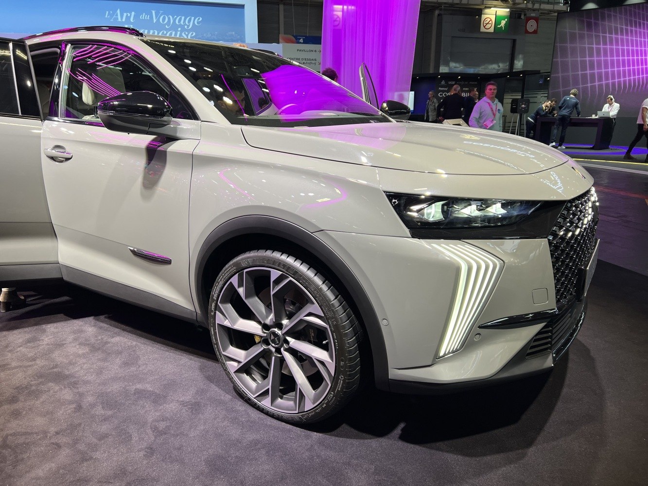 Front side view with LED headlights and alloy wheel design