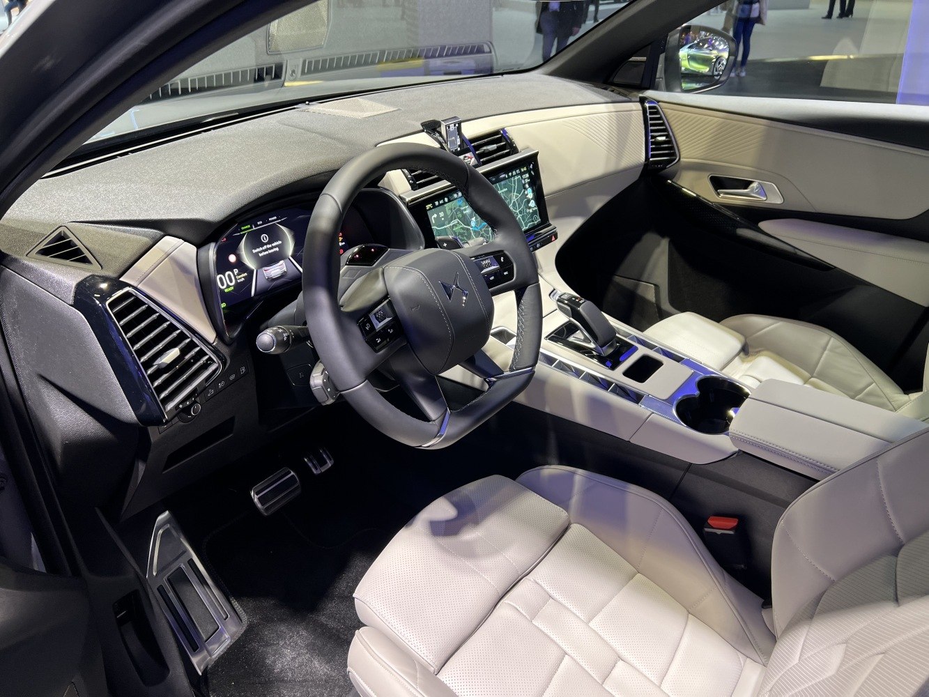 Luxury modern car interior with digital dashboard and touchscreen console