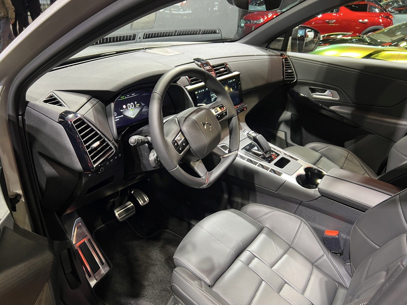 Digital dashboard and leather seating in a modern car interior
