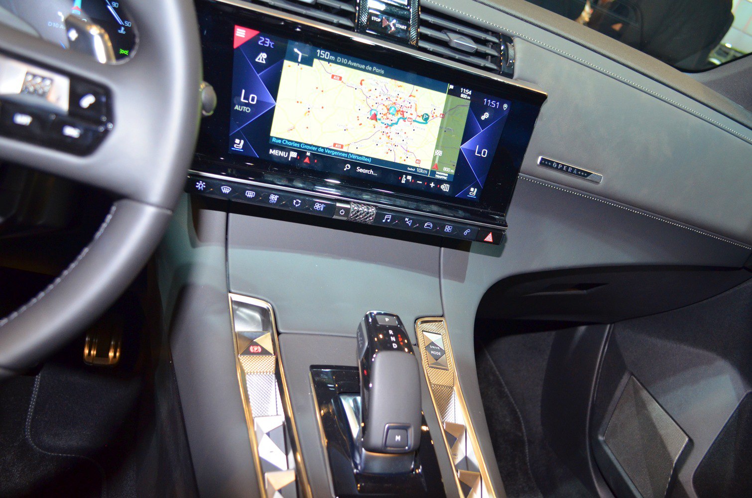 Navigation touchscreen and modern gear shift console in car interior