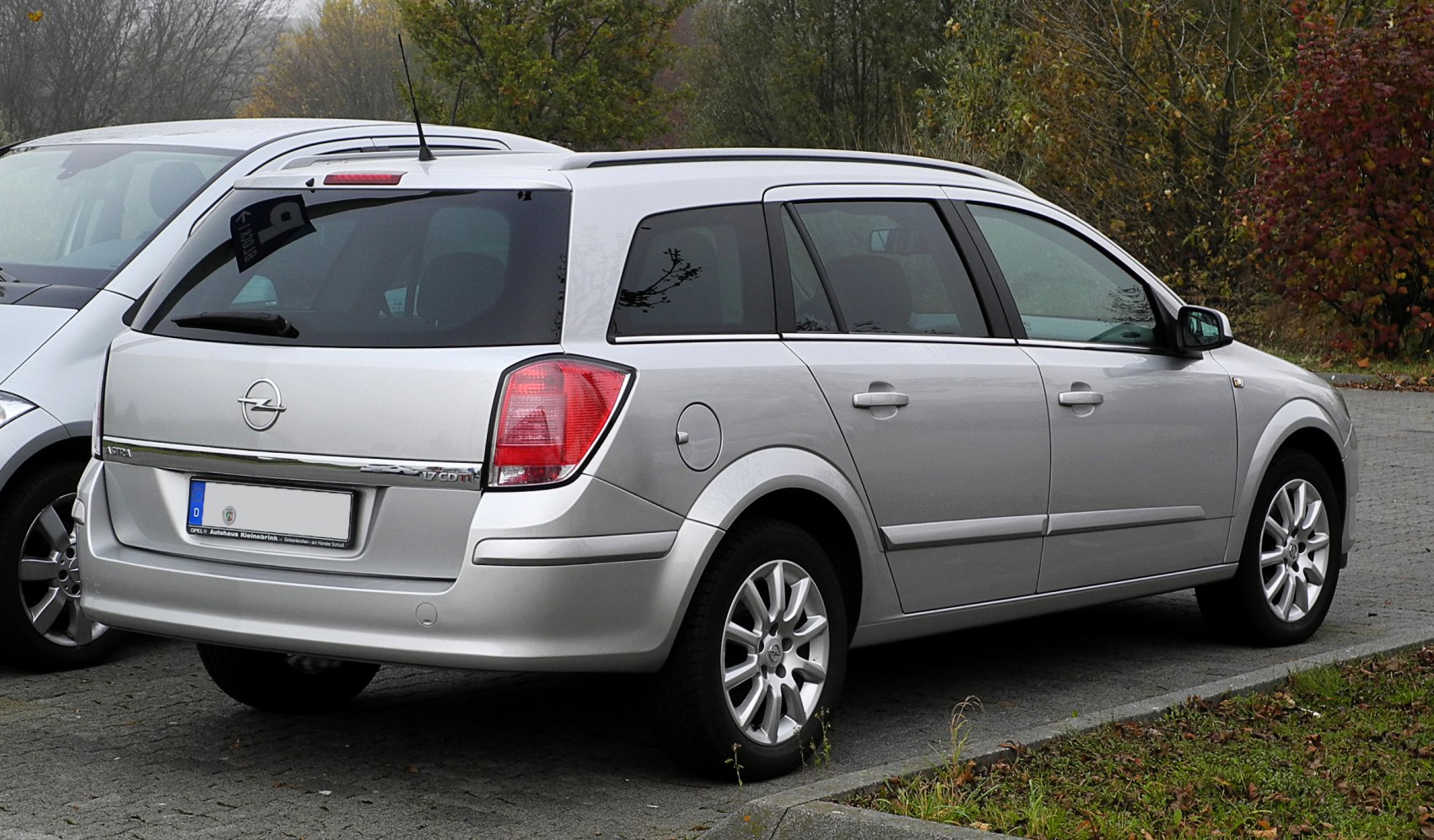 Silver estate car with rear side view, tail lights, and alloy wheels