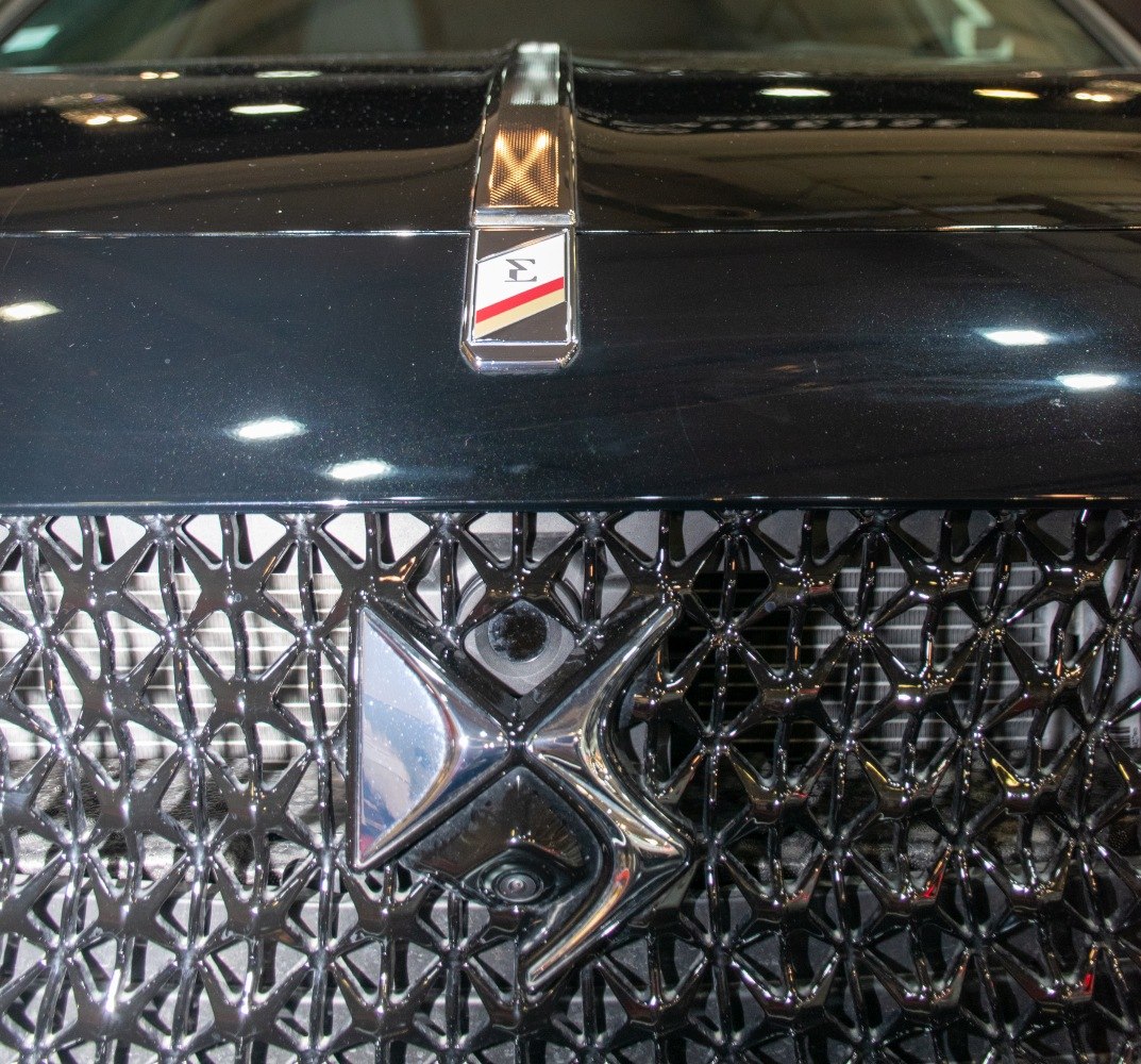Close-up of a detailed front grille and emblem emblematic design.
