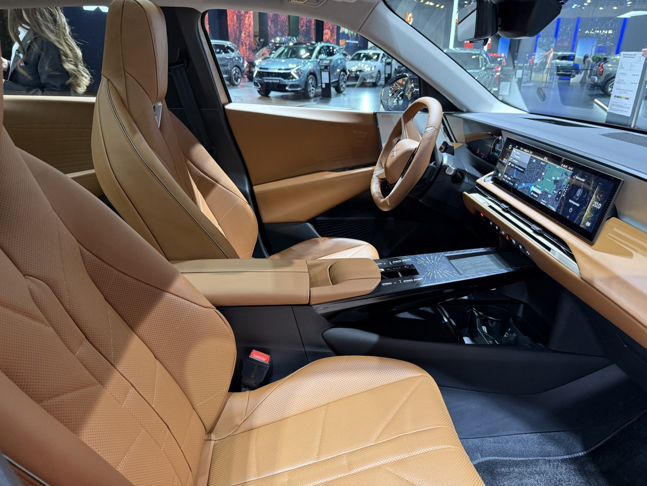 Digital dashboard and touchscreen with tan leather seats