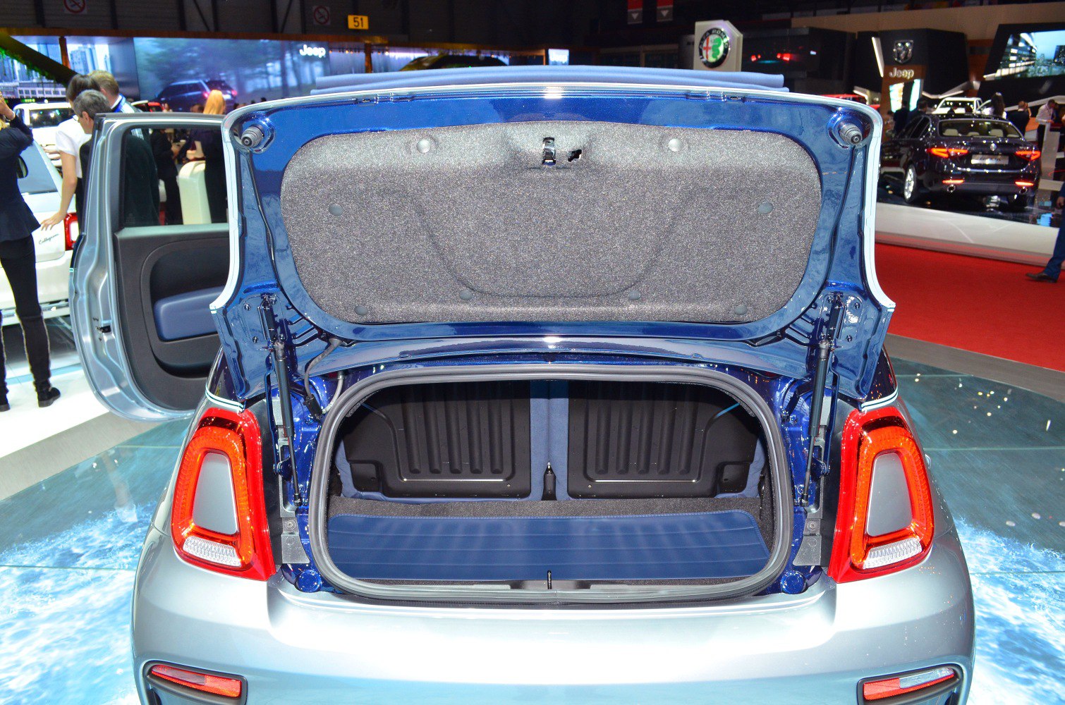 Open trunk view and rear tail lights of compact hatchback