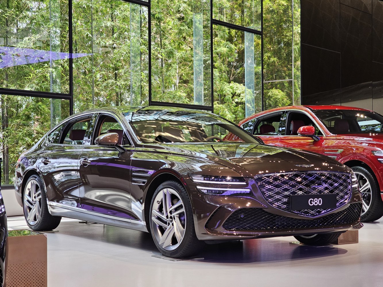Sleek front grille and modern side profile of luxury sedan