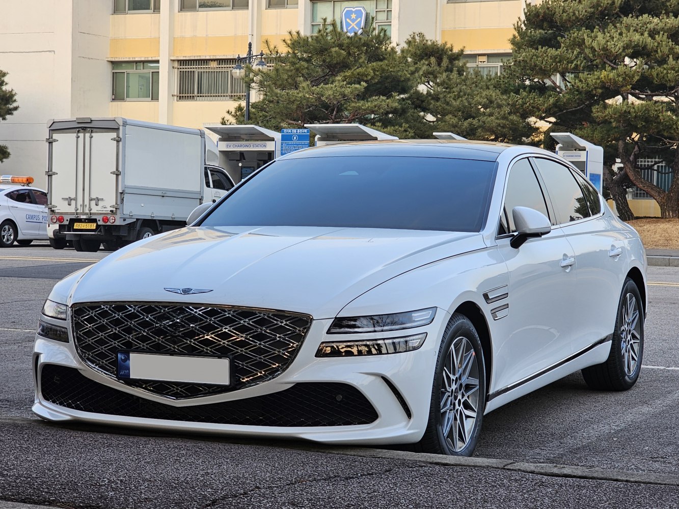 Luxury sedan front view with split headlights and large diamond-pattern grille
