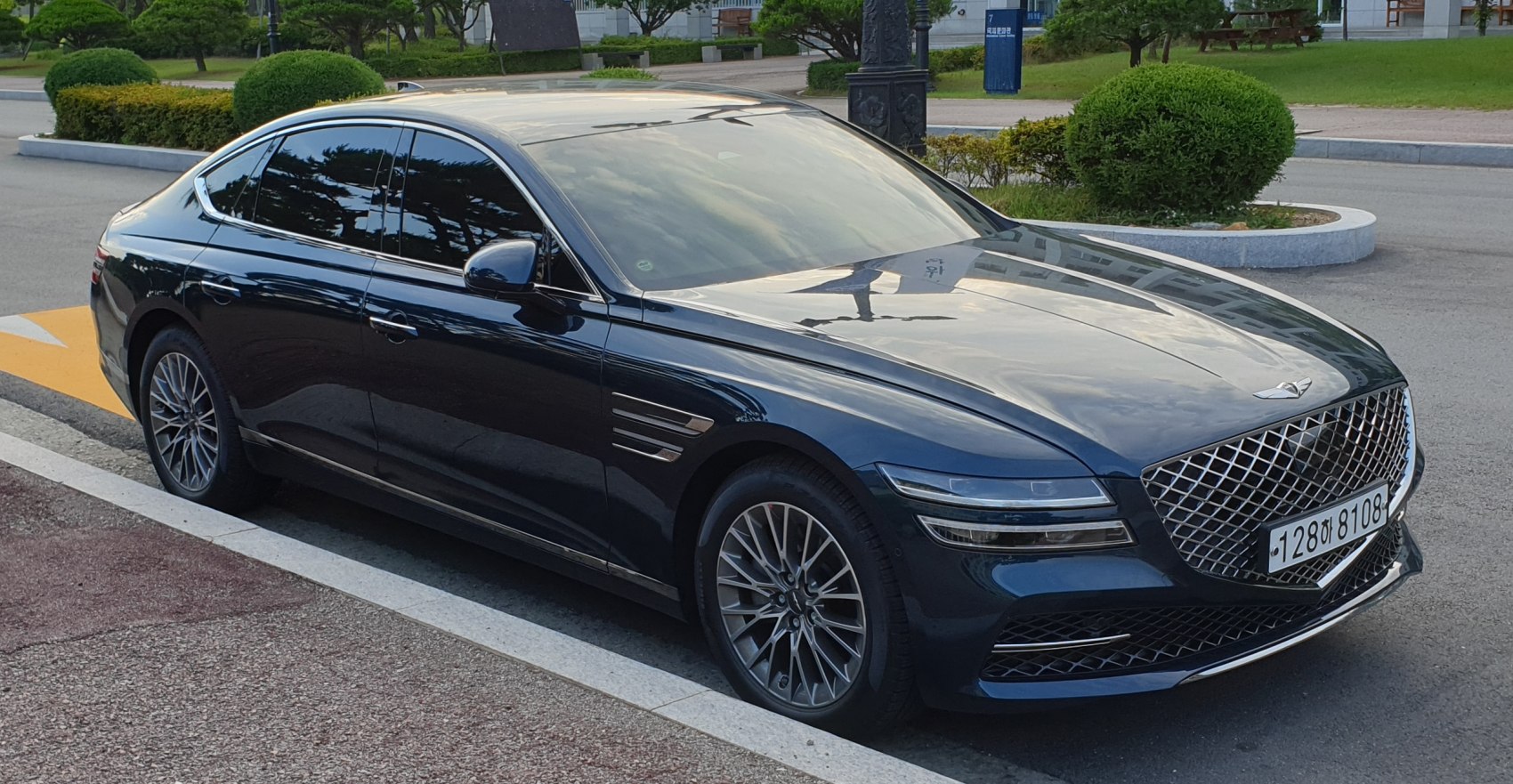 Sleek luxury sedan with distinctive grille and streamlined side profile