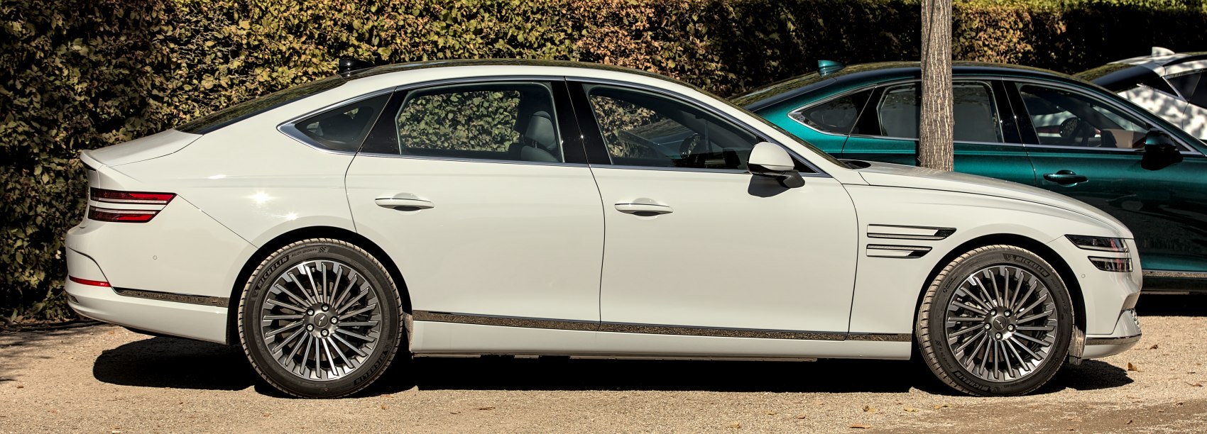 Sleek side profile with distinctive alloy wheels and elegant door design