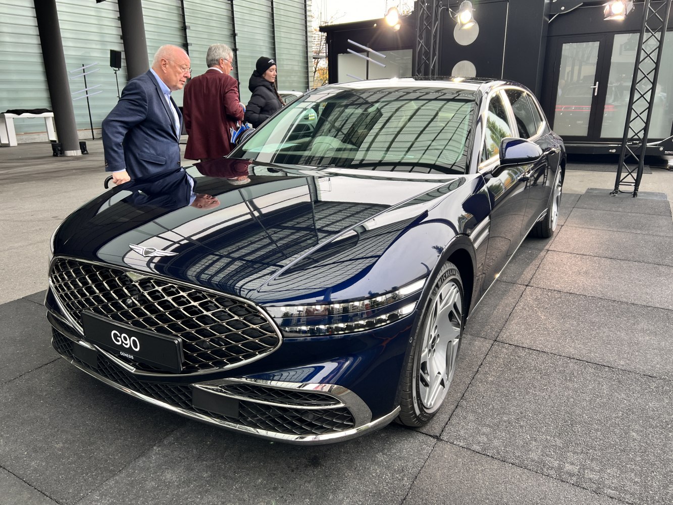 Front grille and LED headlights of a luxury sedan