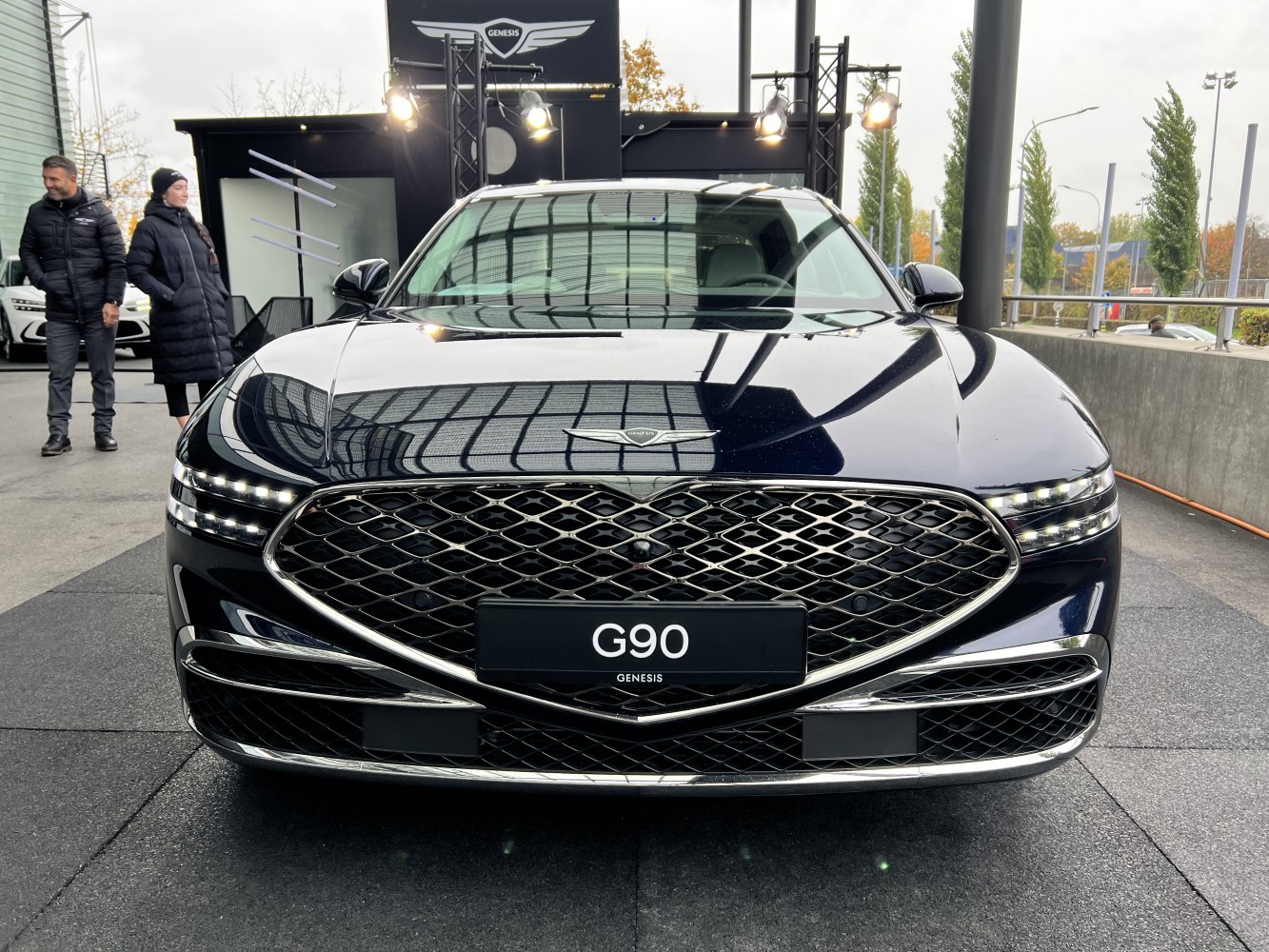 Intricate grille with dual LED headlight strips and chrome accents.
