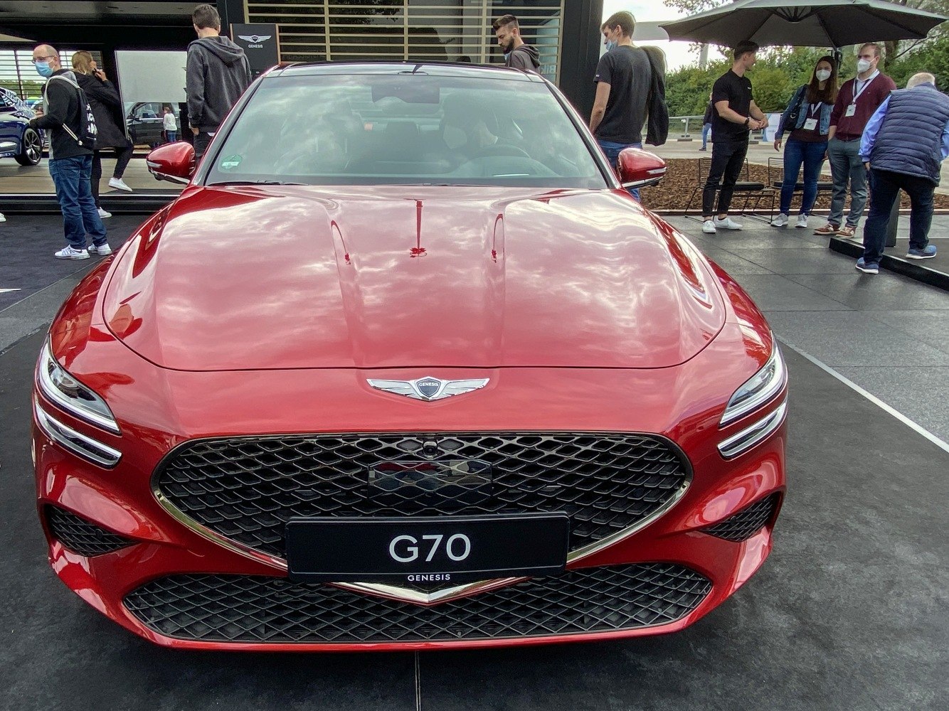 Close-up of front grille and sleek LED headlights