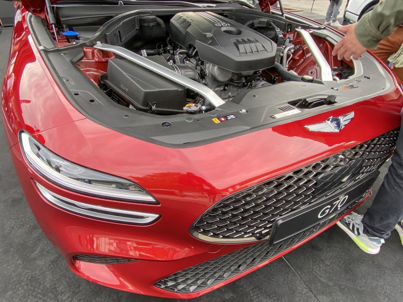 Front grill and engine bay close-up of a red modern luxury sedan