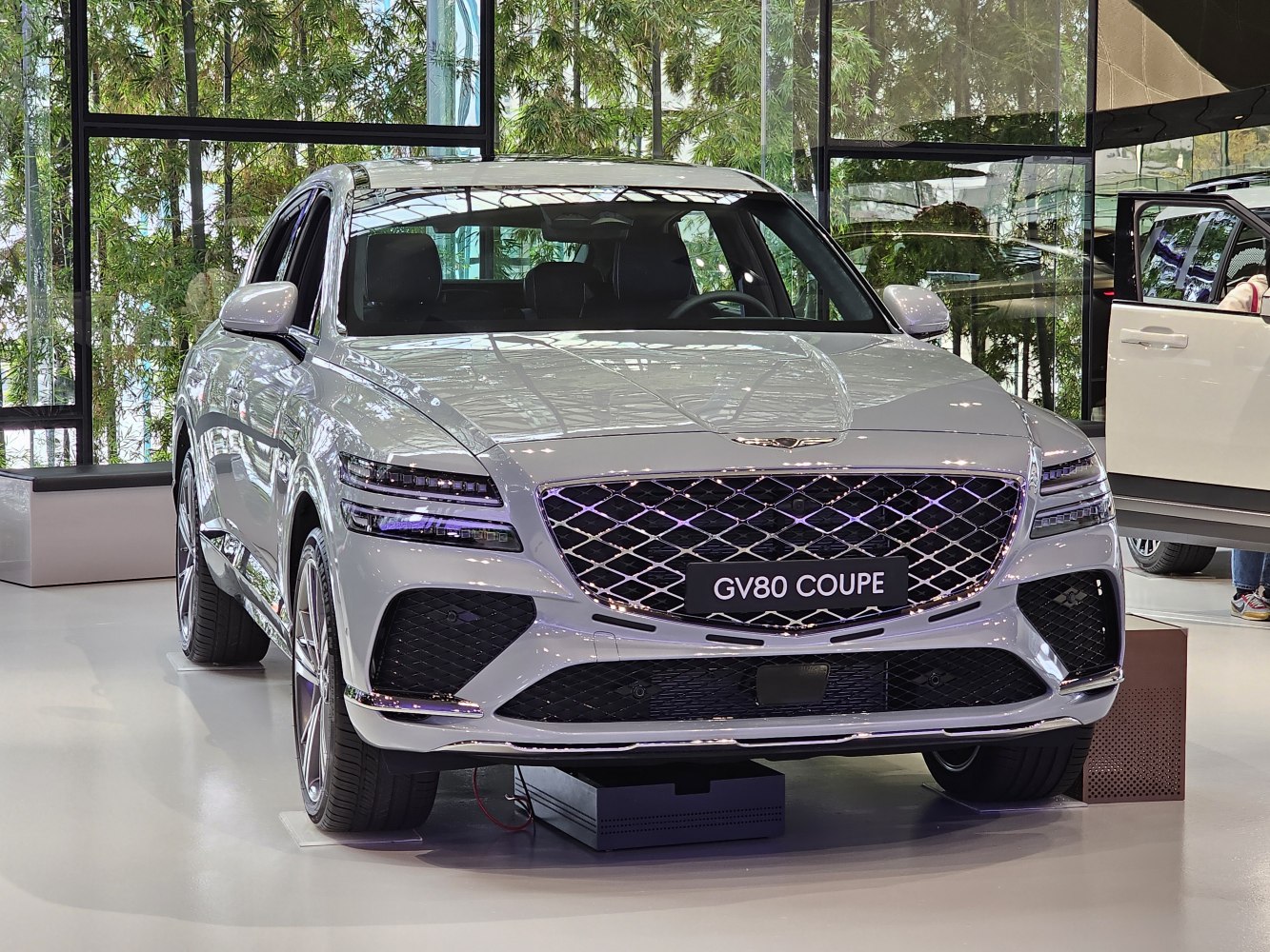 Front grille and dual LED headlights of a luxury SUV.