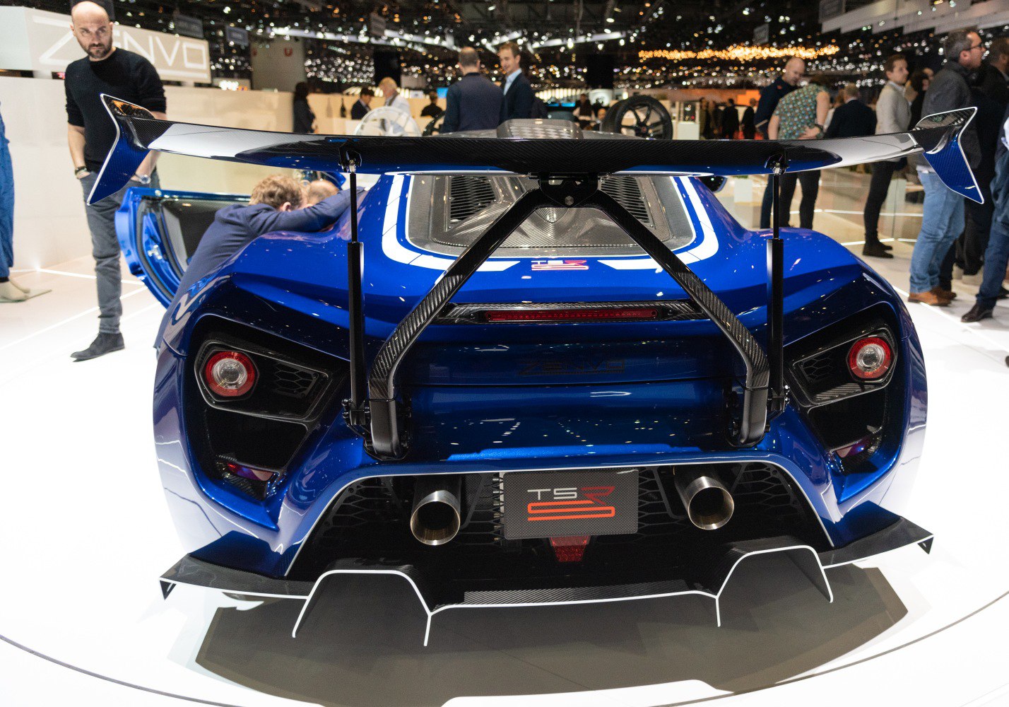 Large carbon fiber rear wing with diffuser and dual exhaust