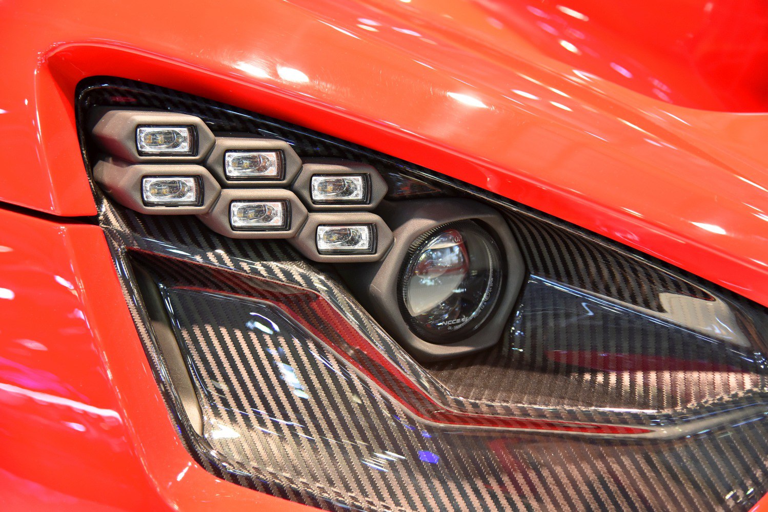 Hexagonal LED headlights with carbon fiber detailing