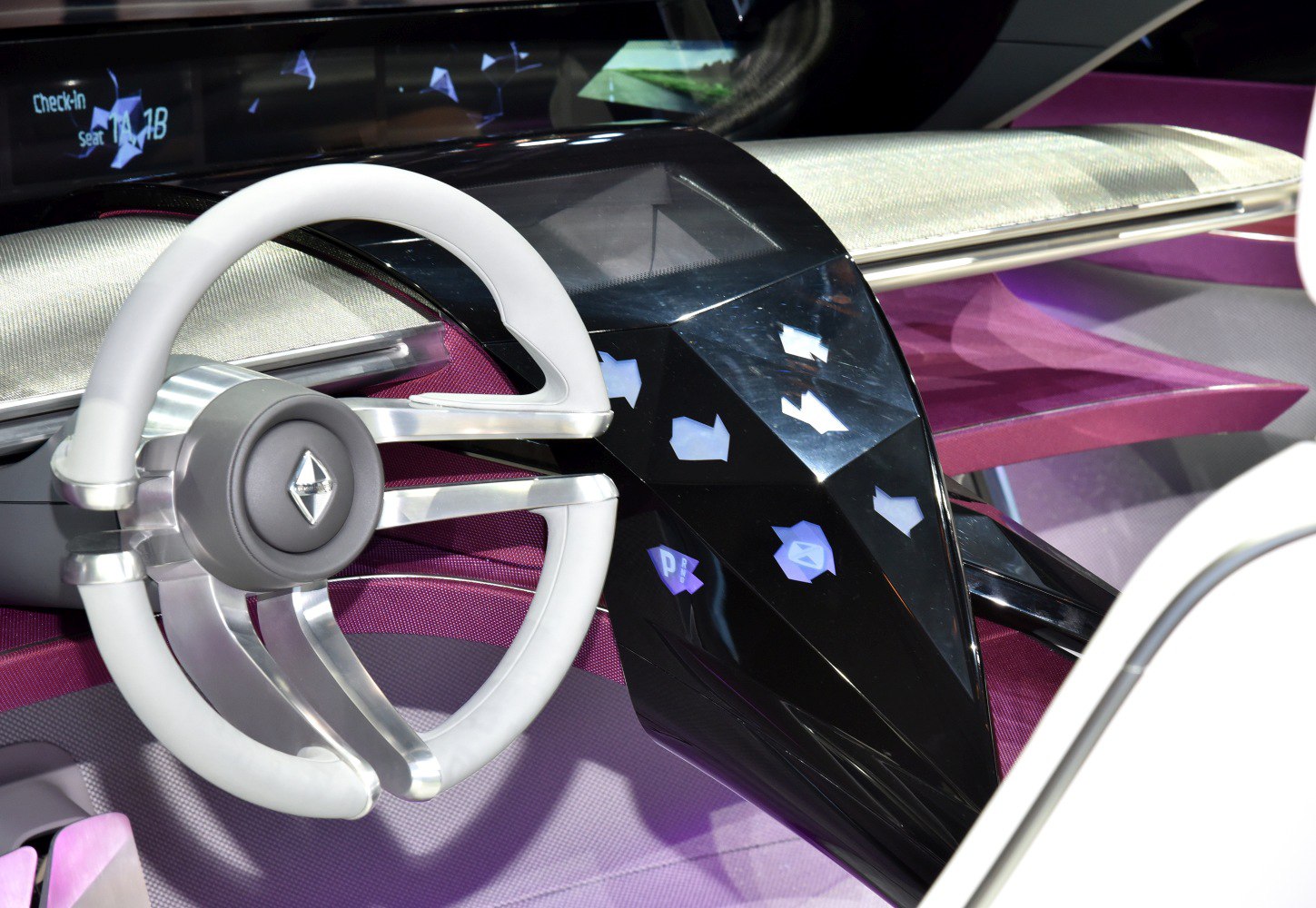 Futuristic steering wheel with digital touchscreen dashboard controls
