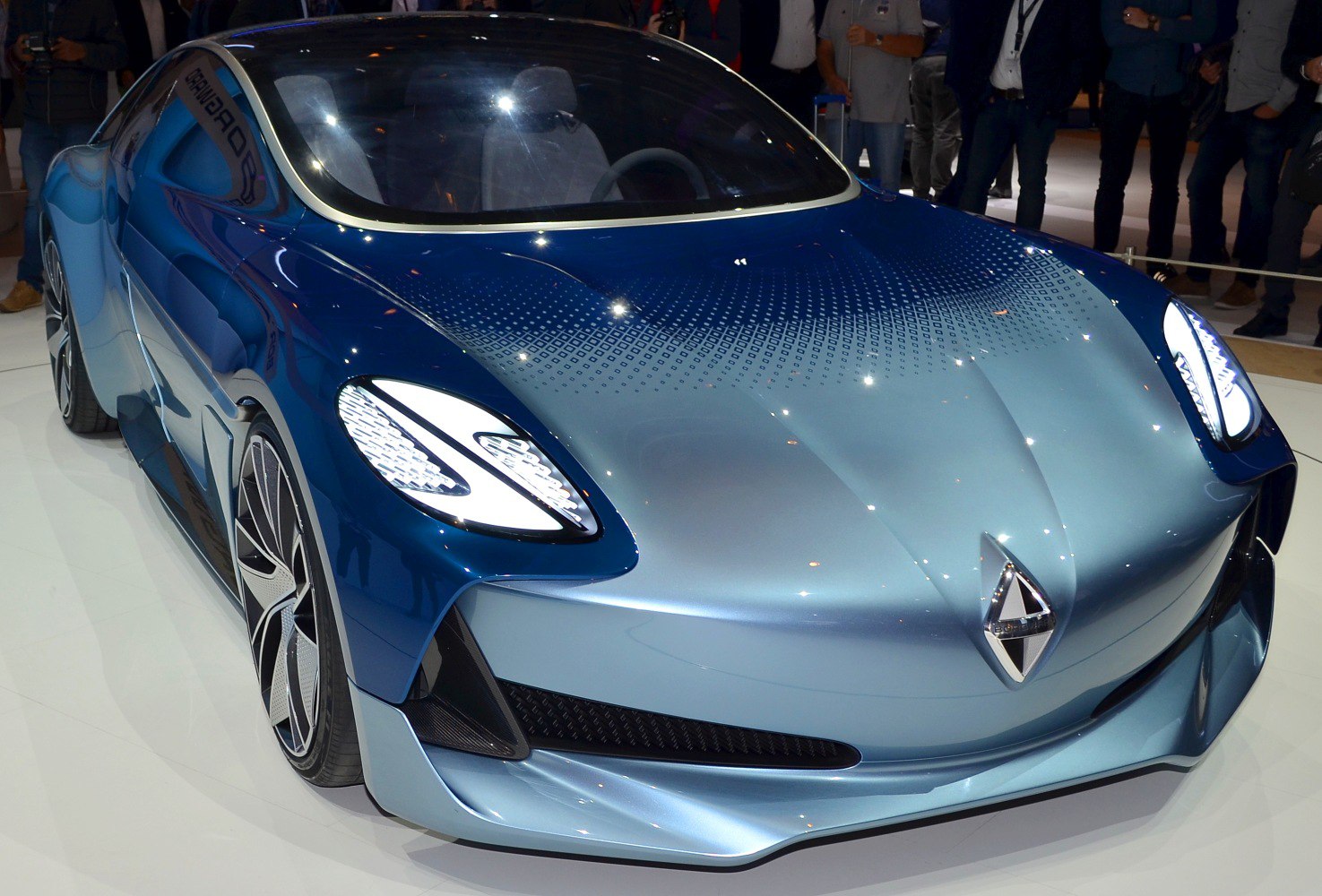 Futuristic front view with LED headlights and aerodynamic hood lines