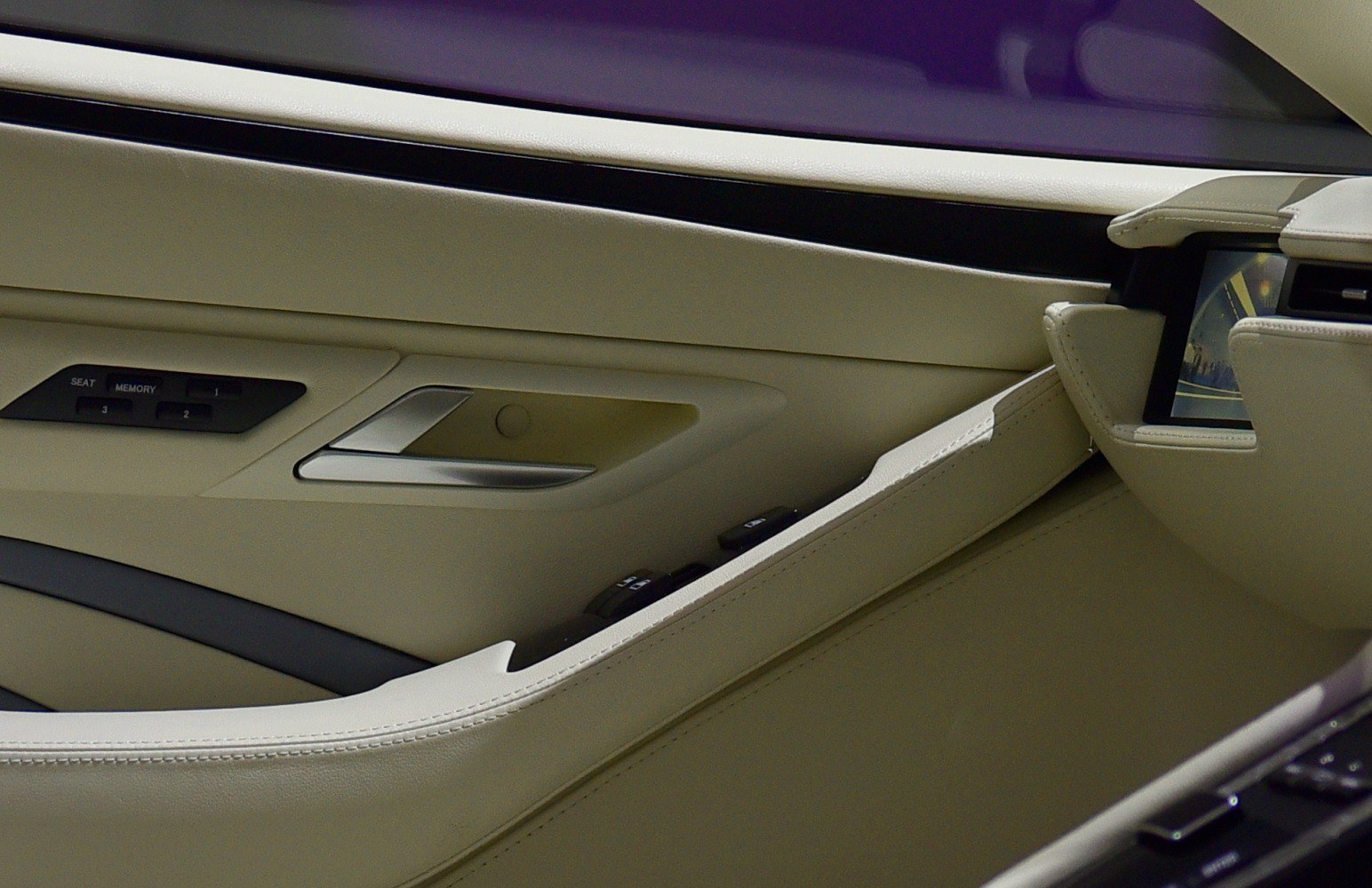 Luxury car door panel with memory seat buttons and sleek handle