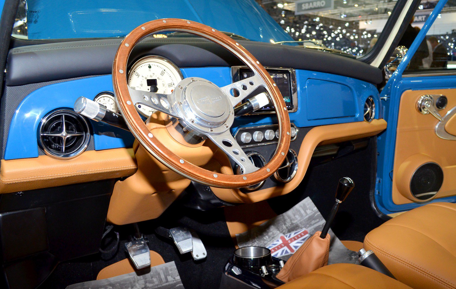 Classic wooden steering wheel and vintage dashboard interior
