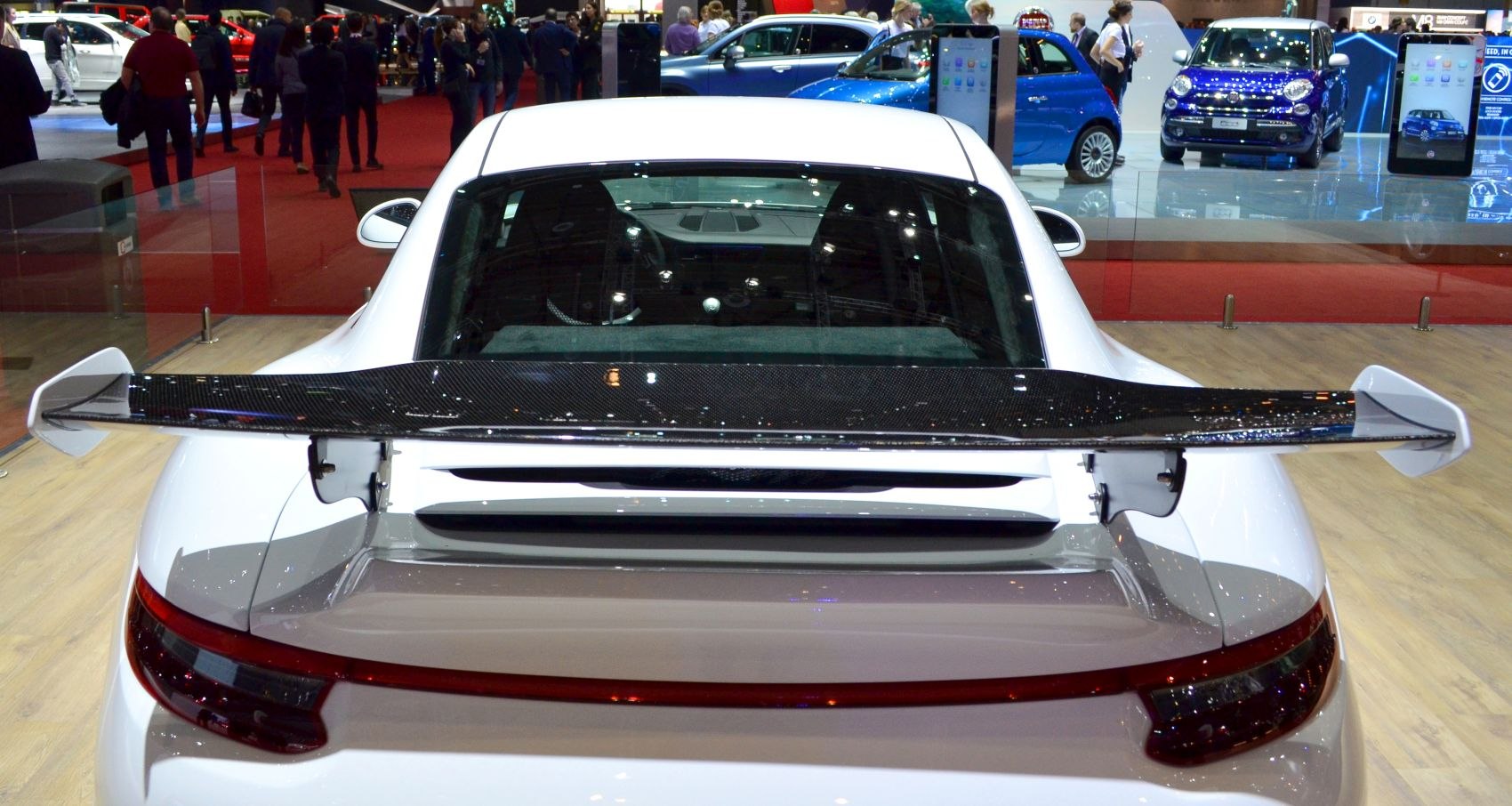 High-performance sports car rear wing and tail lights.