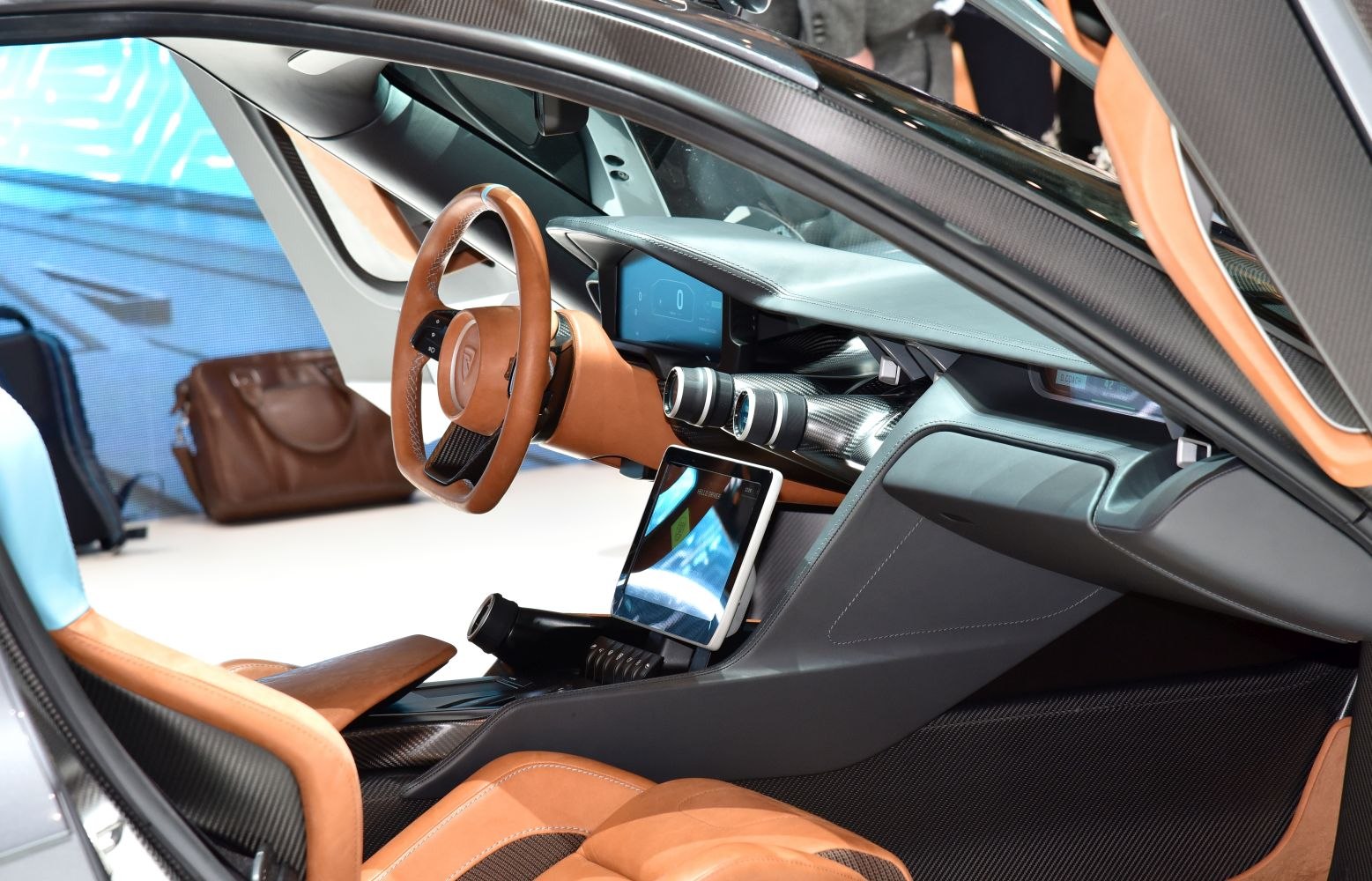 Luxury brown leather steering and digital dashboard interior