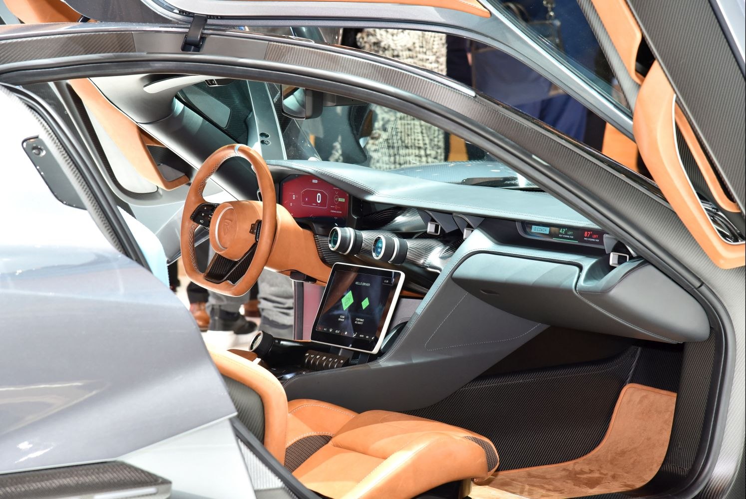 Rimac C_Two concept interior with digital dashboard and tan leather upholstery