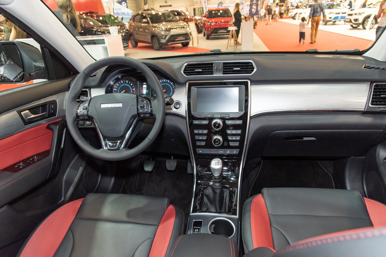 Modern dashboard with touchscreen and six-speed manual gearbox