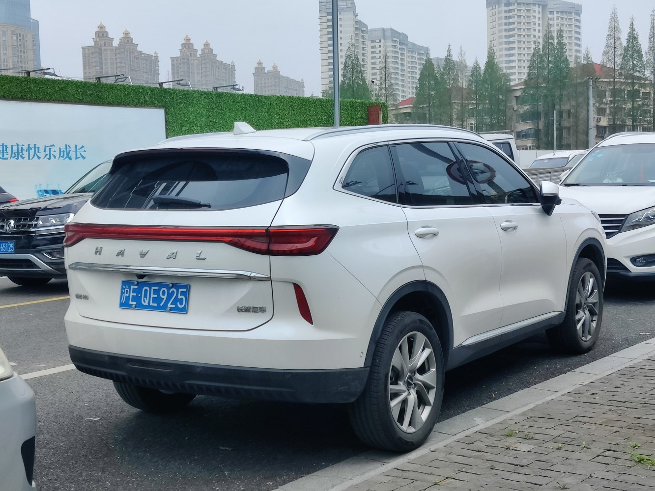 Rear view of white SUV with sleek LED tail light strip and tinted windows