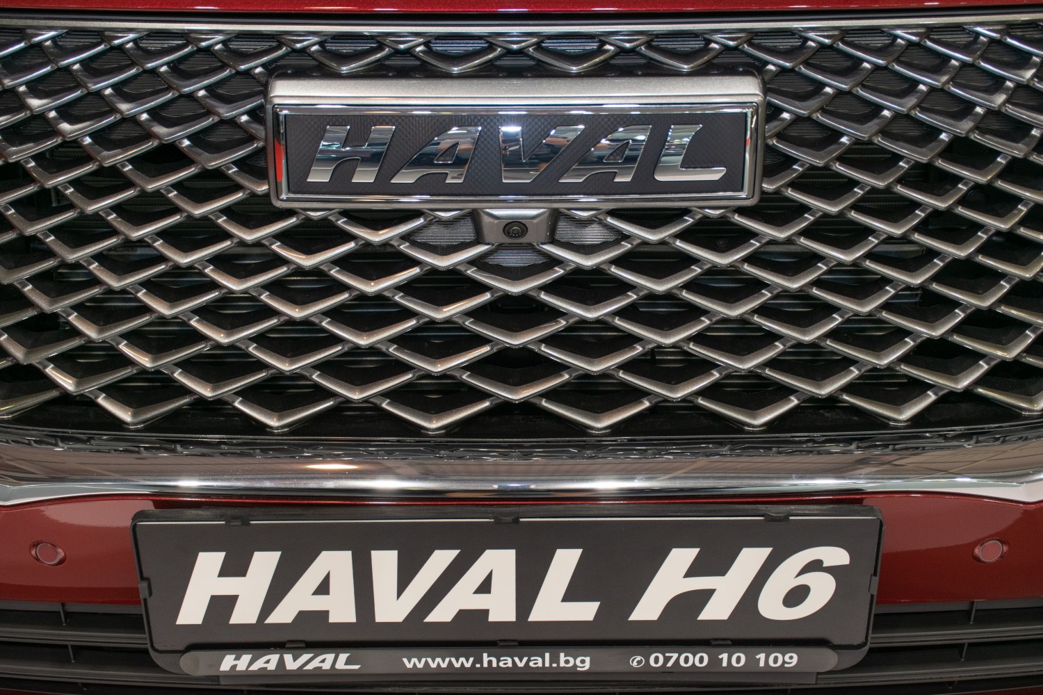 Diamond-pattern front grille with chrome logo and integrated front camera