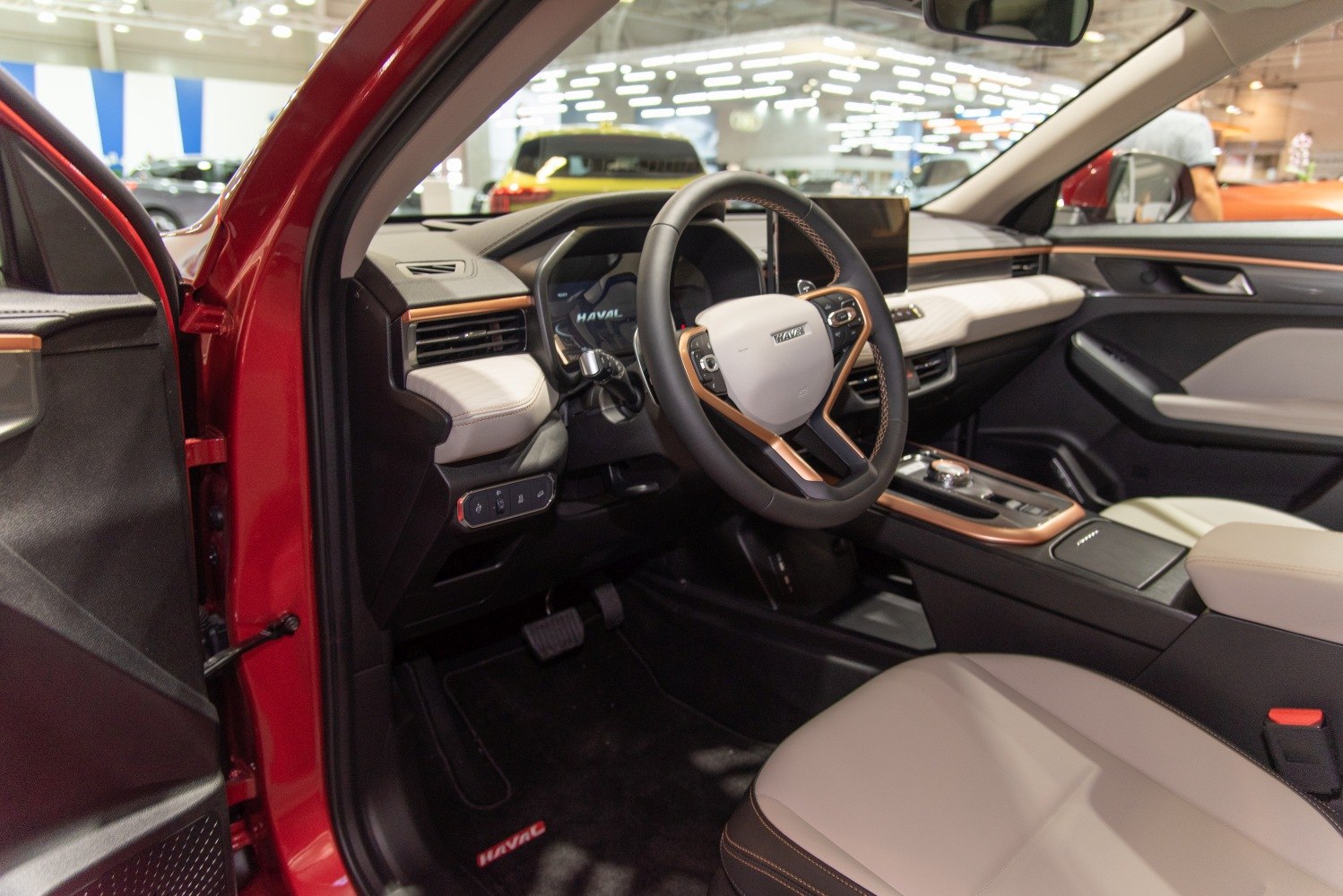 Modern car interior with multifunction steering wheel and digital dashboard