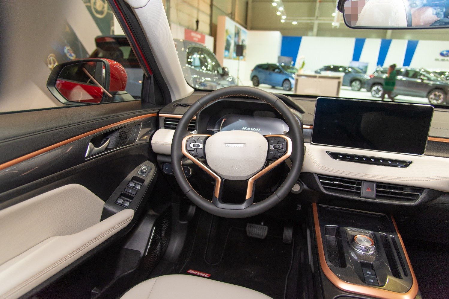Modern car interior with detailed dashboard and steering wheel controls