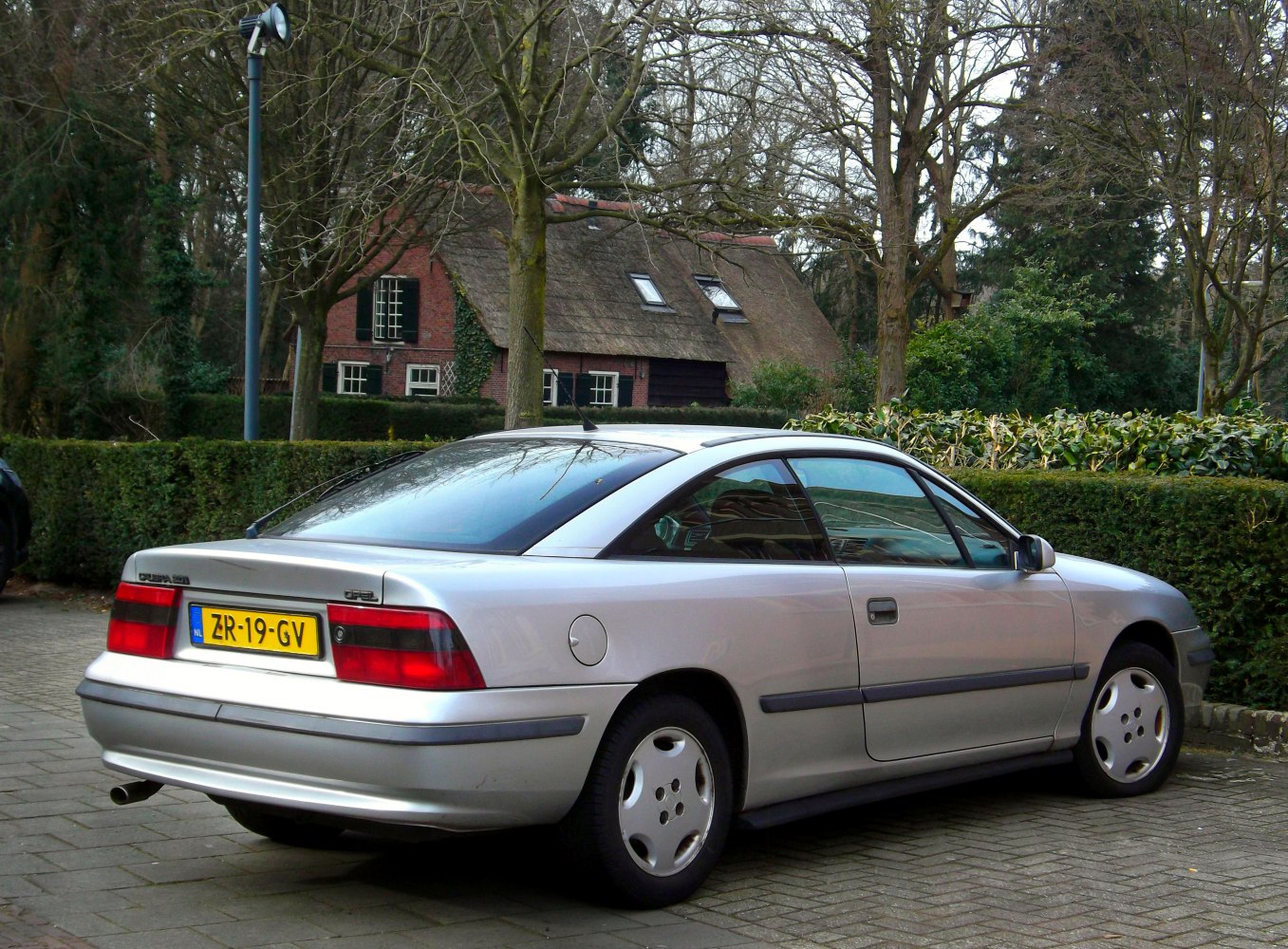 Rear side view featuring distinctive red taillights and sleek coupe body.