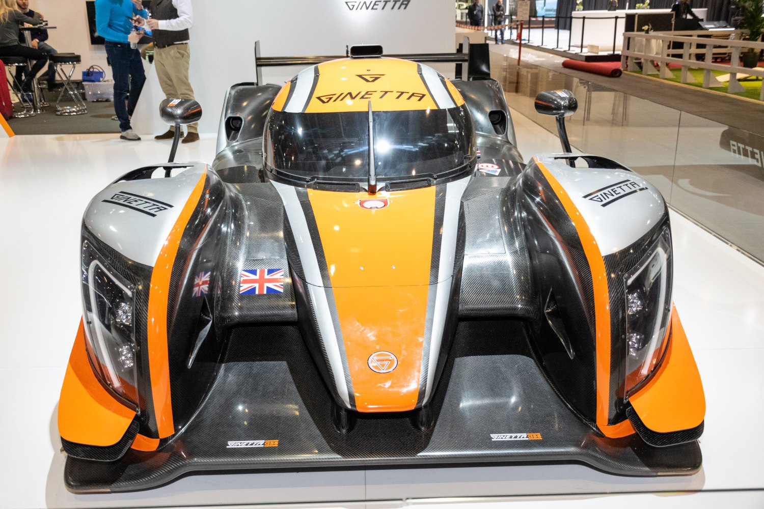 Aerodynamic front view of racing prototype with carbon fiber design