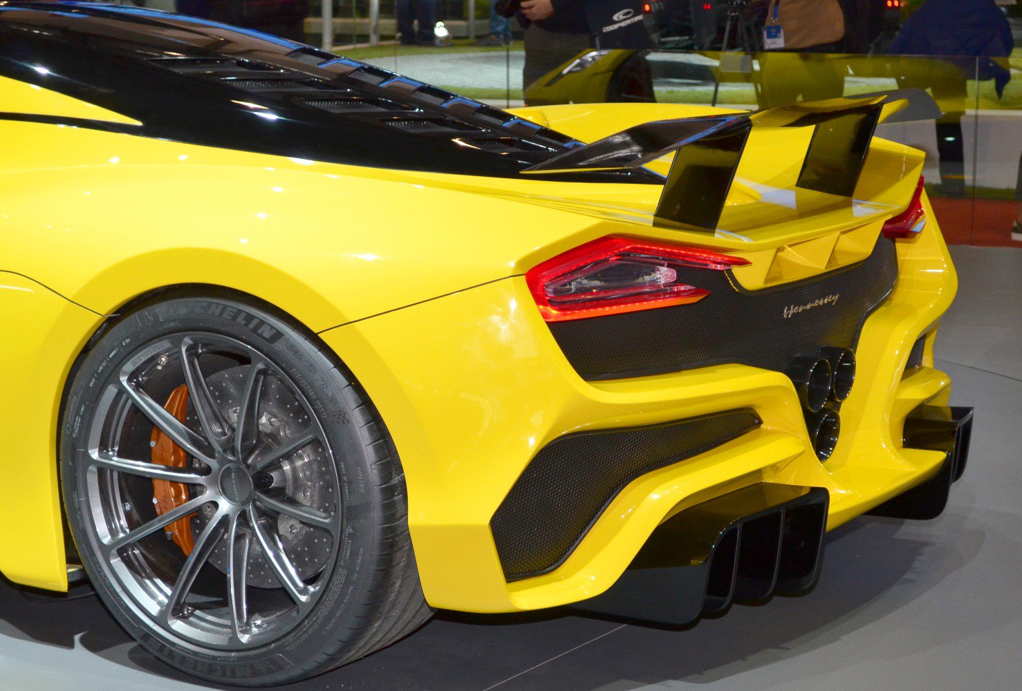 Rear wheel, quad exhaust, aerodynamic carbon fiber elements