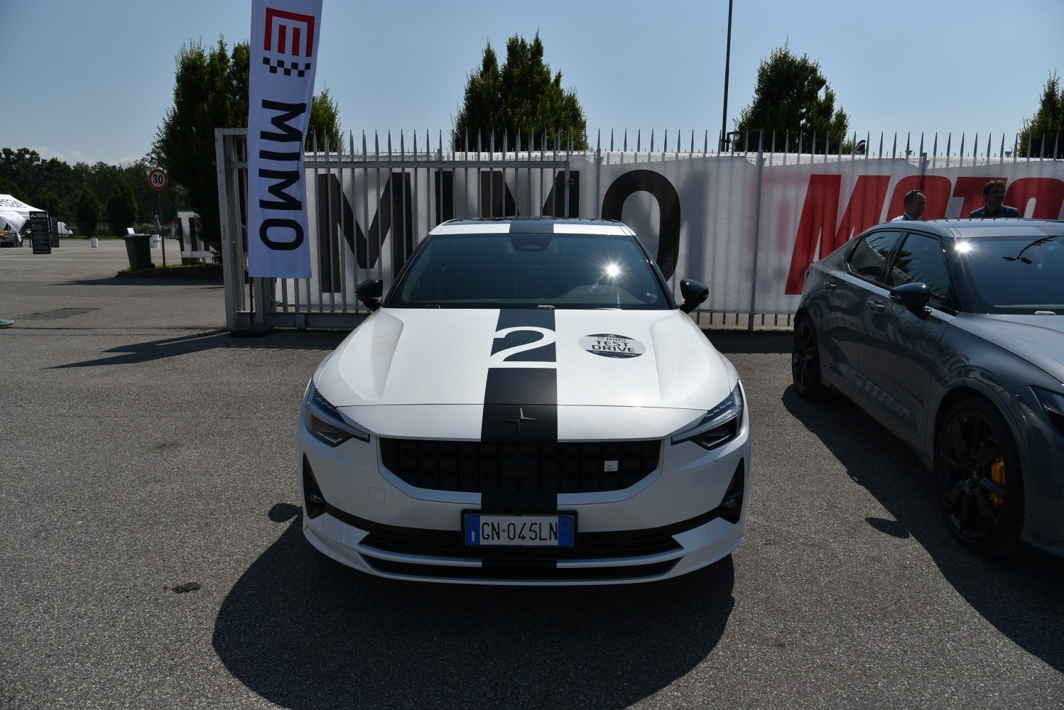 Front view with black racing stripe and LED headlights.