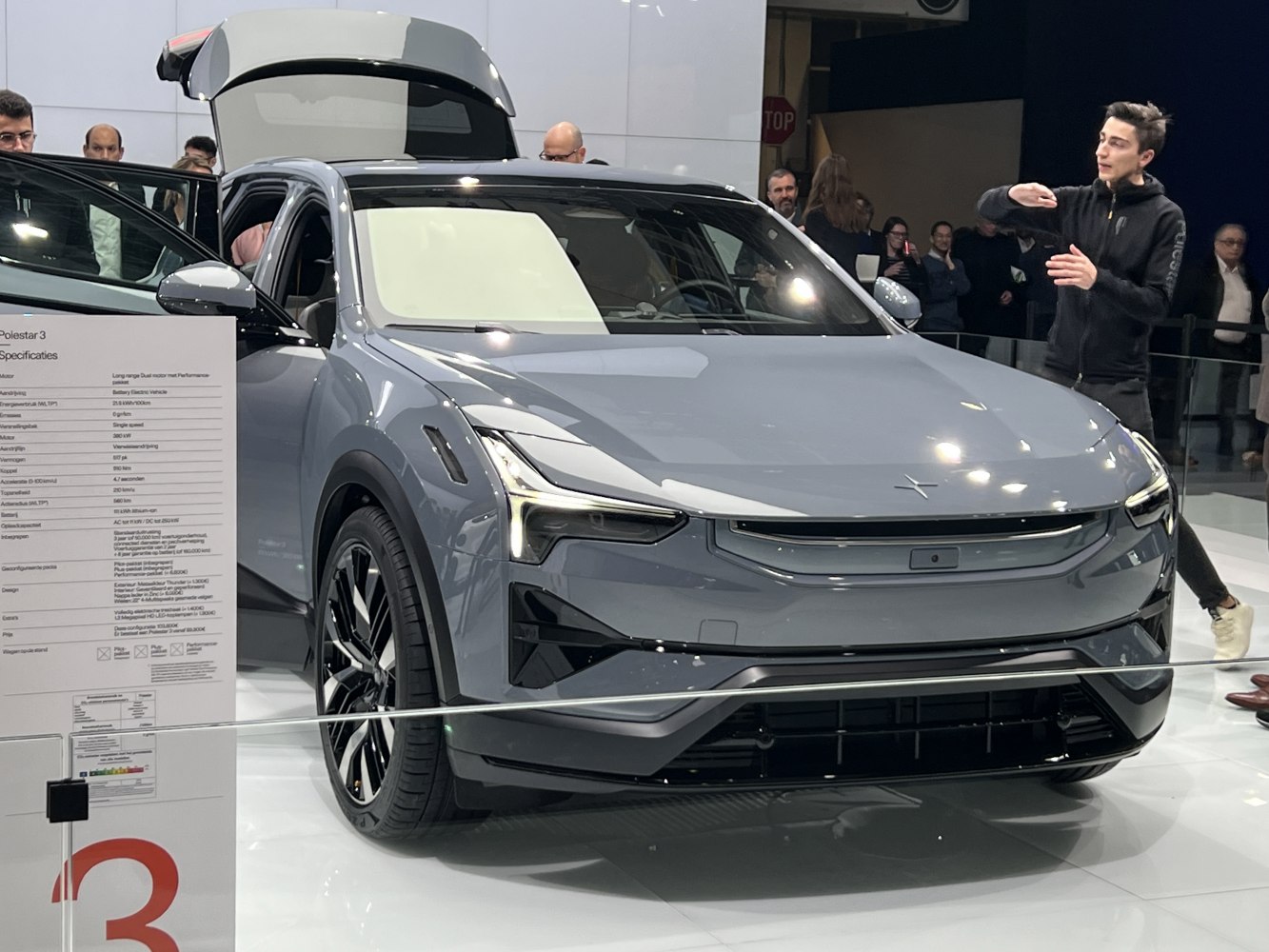 Front view of an electric SUV with LED lights and alloy wheels