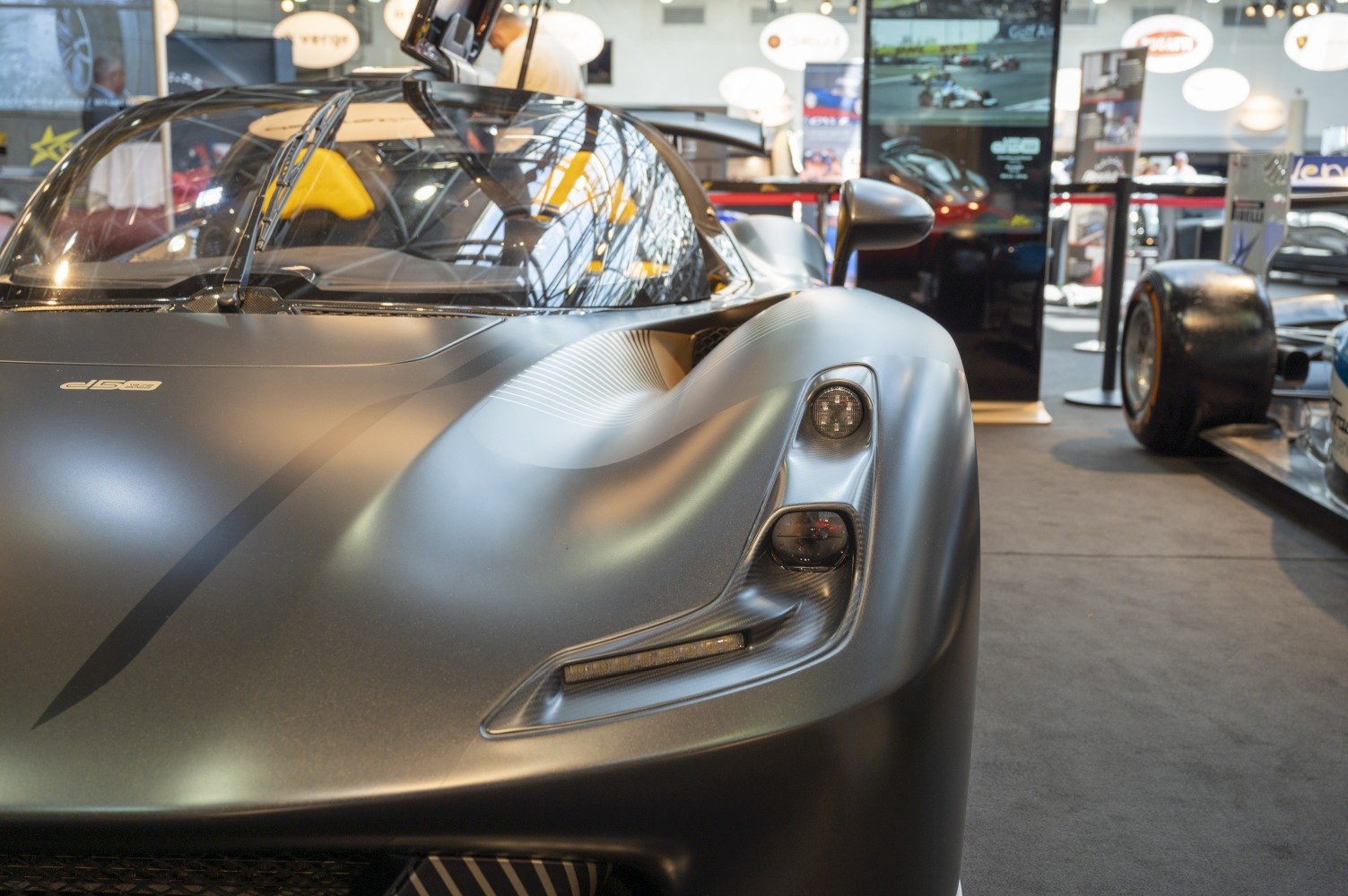 Close-up of aerodynamic front with detailed headlights.