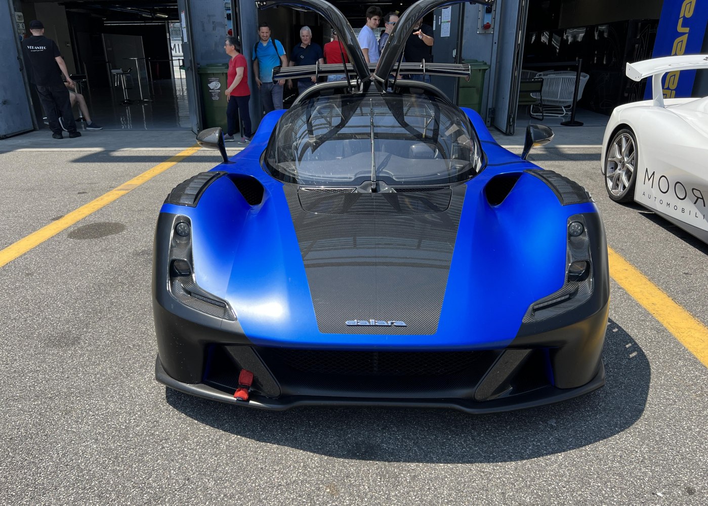 Front view with gullwing doors and carbon fiber hood