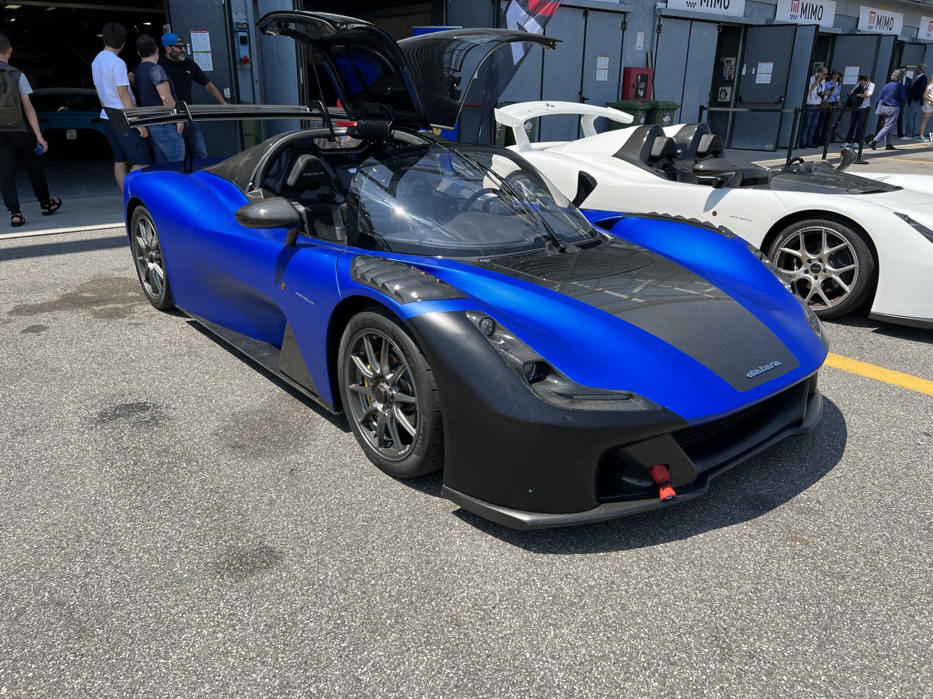 Sports car with gull-wing doors and aerodynamic body.